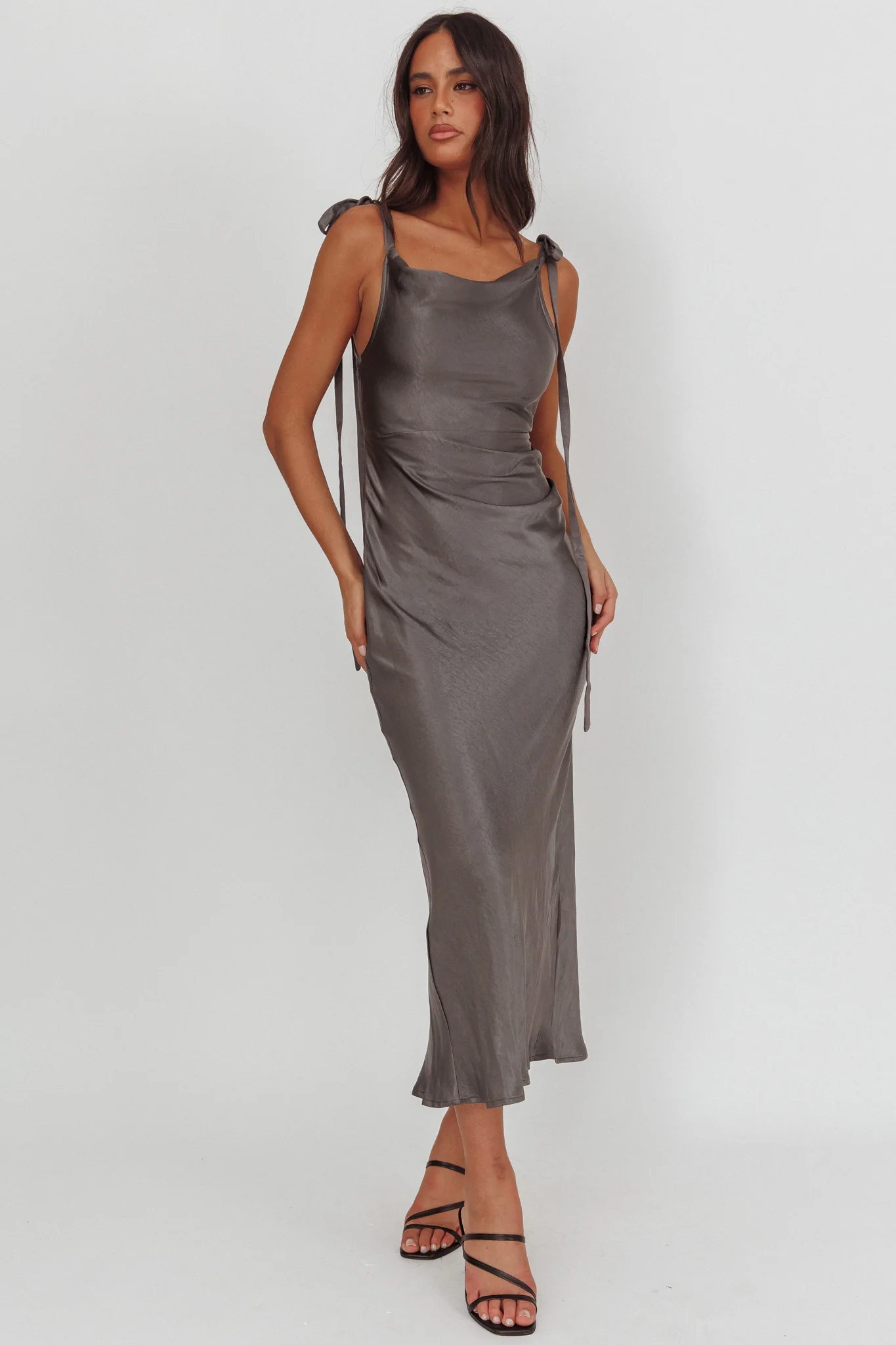 Glory Day Tied Shoulder Cowl Maxi Dress Charcoal - Image 4