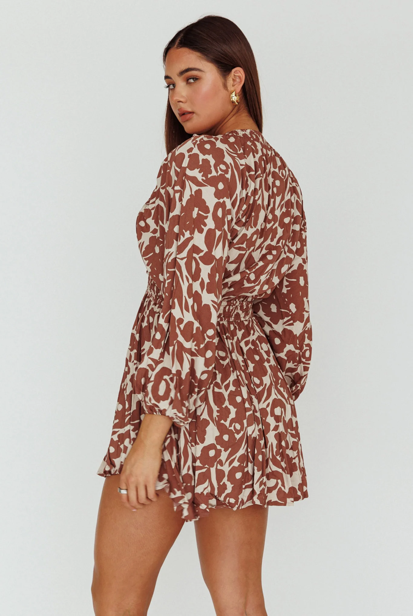 Going Your Way Long Sleeve Mini Dress Floral Brown - Image 2