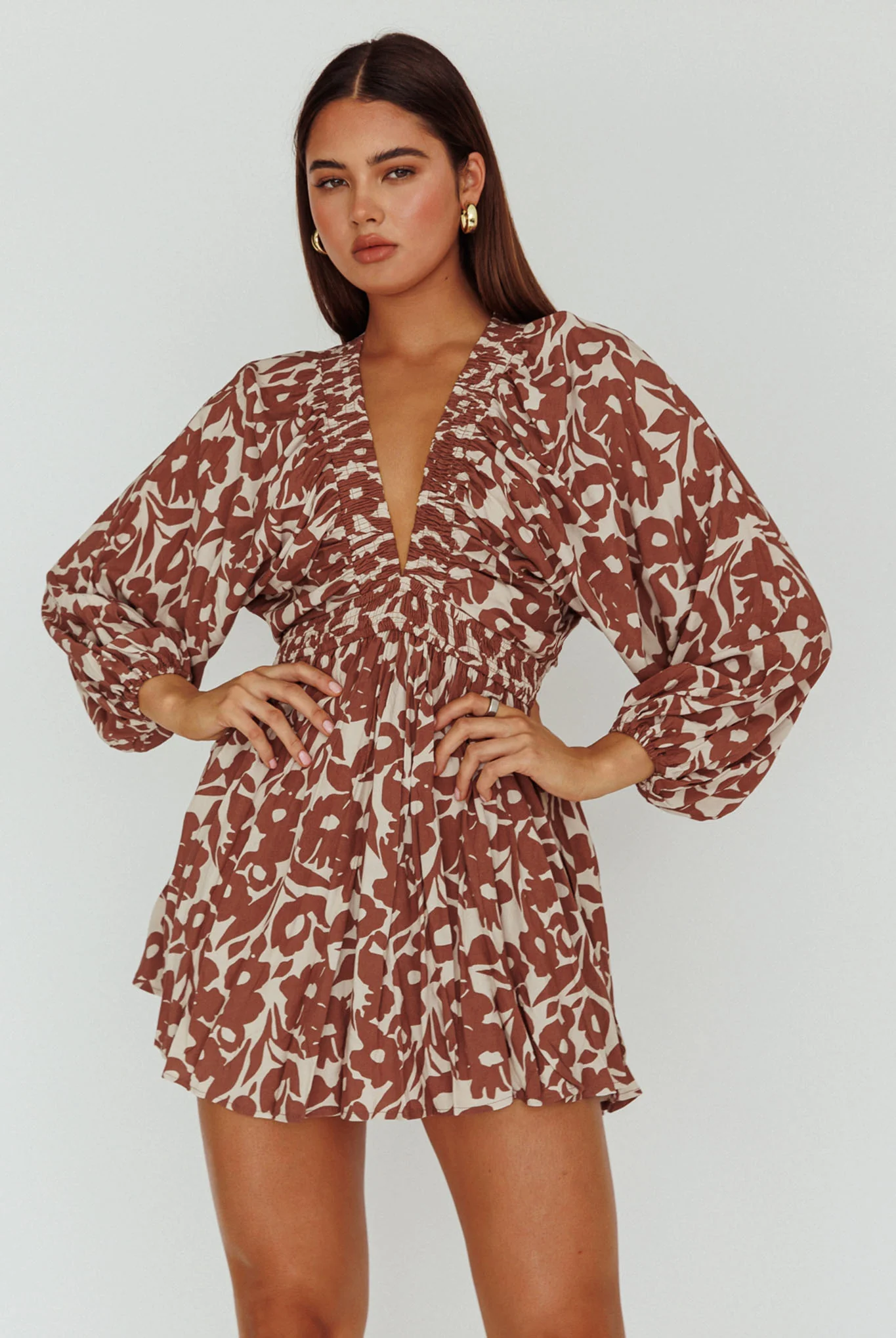 Going Your Way Long Sleeve Mini Dress Floral Brown - Image 6