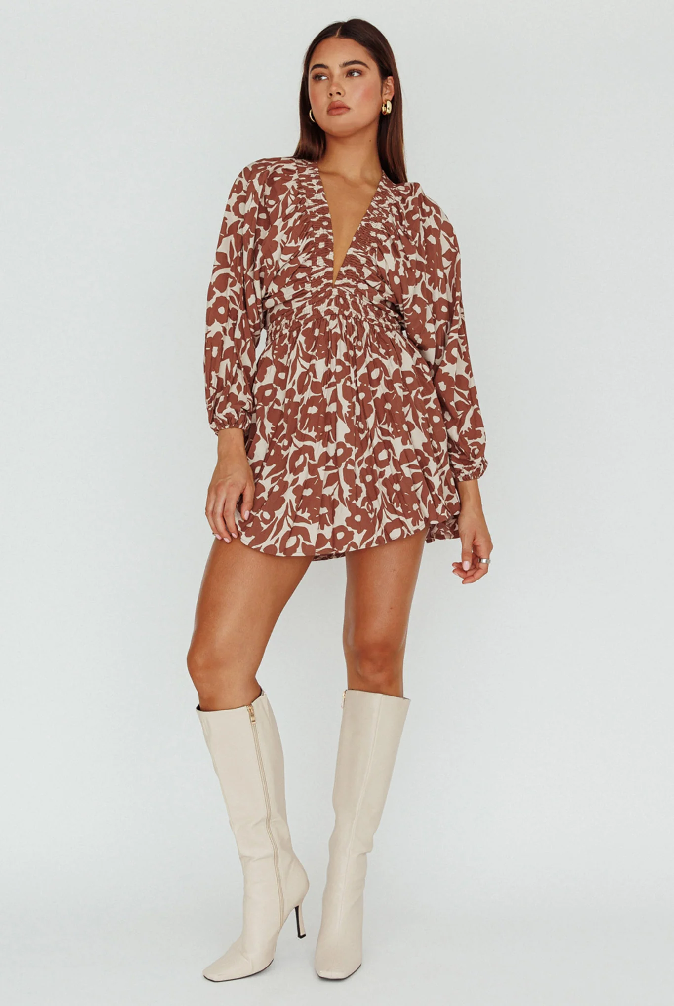 Going Your Way Long Sleeve Mini Dress Floral Brown - Image 7