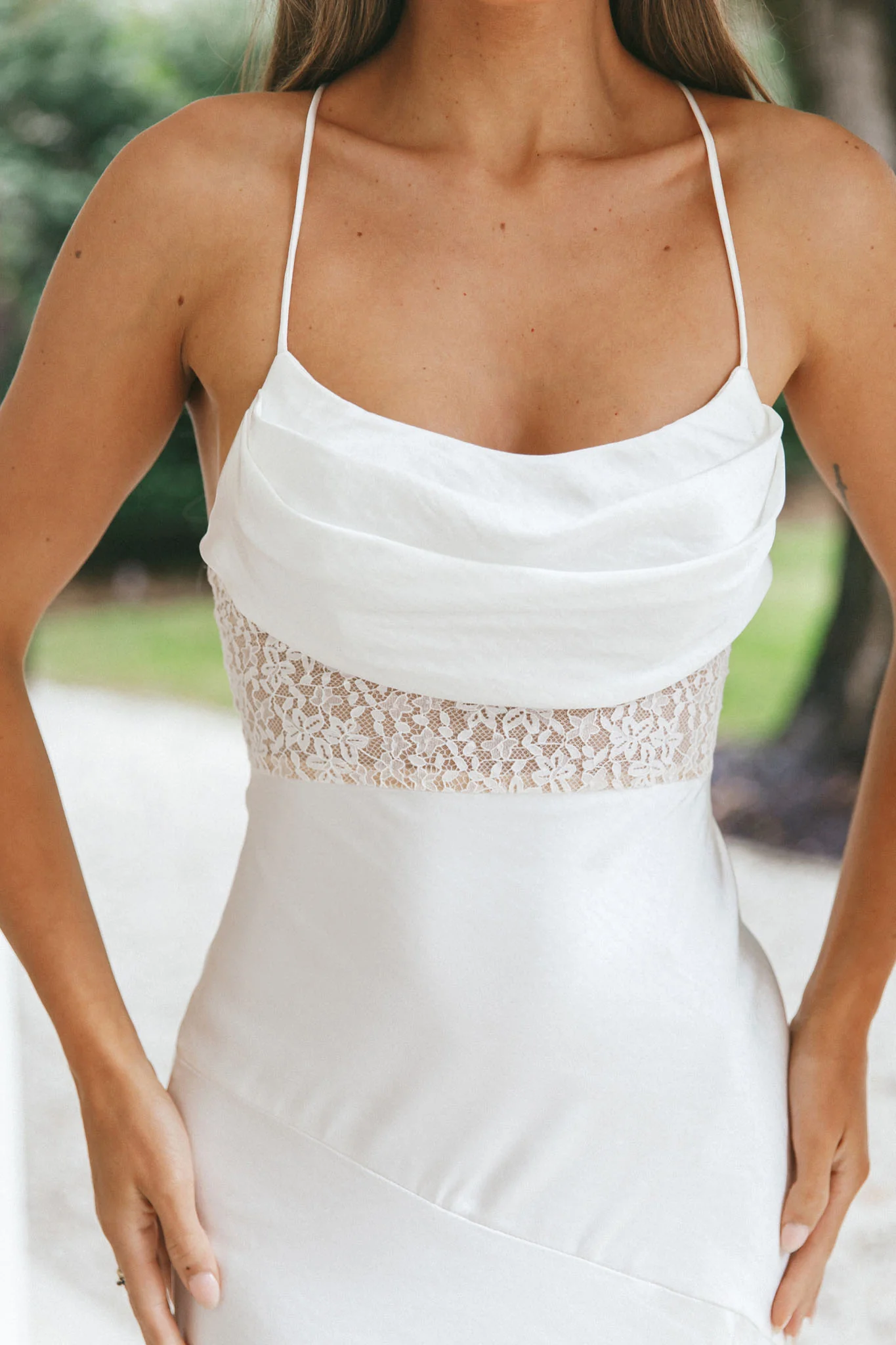 Golden Era Cowl Neck Lace Waist Midi Dress White - Image 4