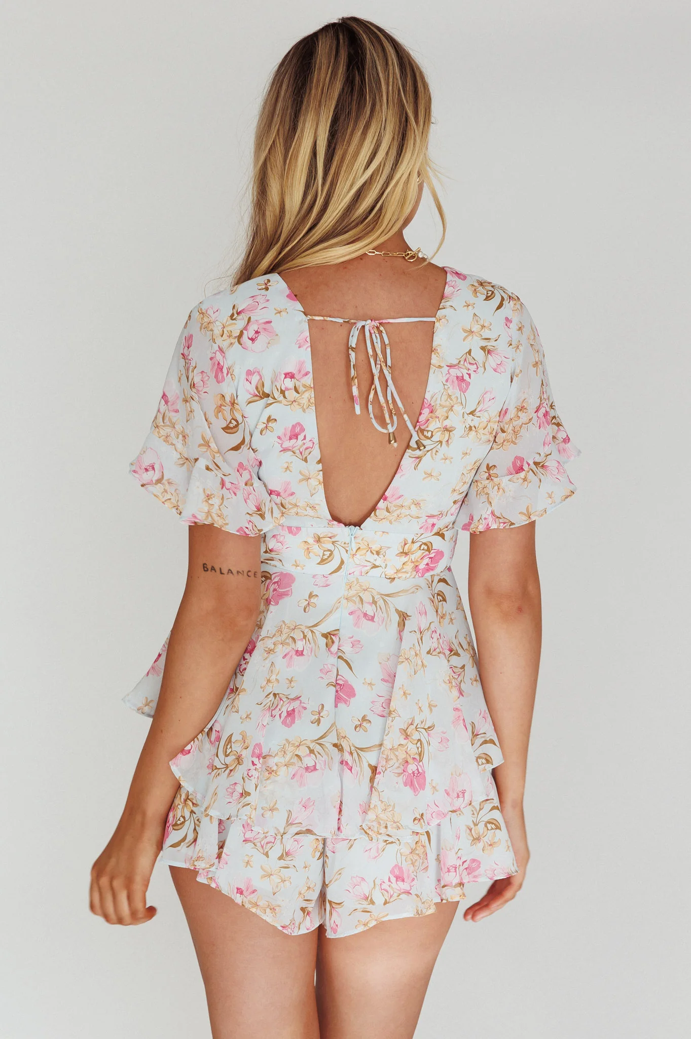 Golden Light Pintuck Pleat Romper Floral Blue - Image 2