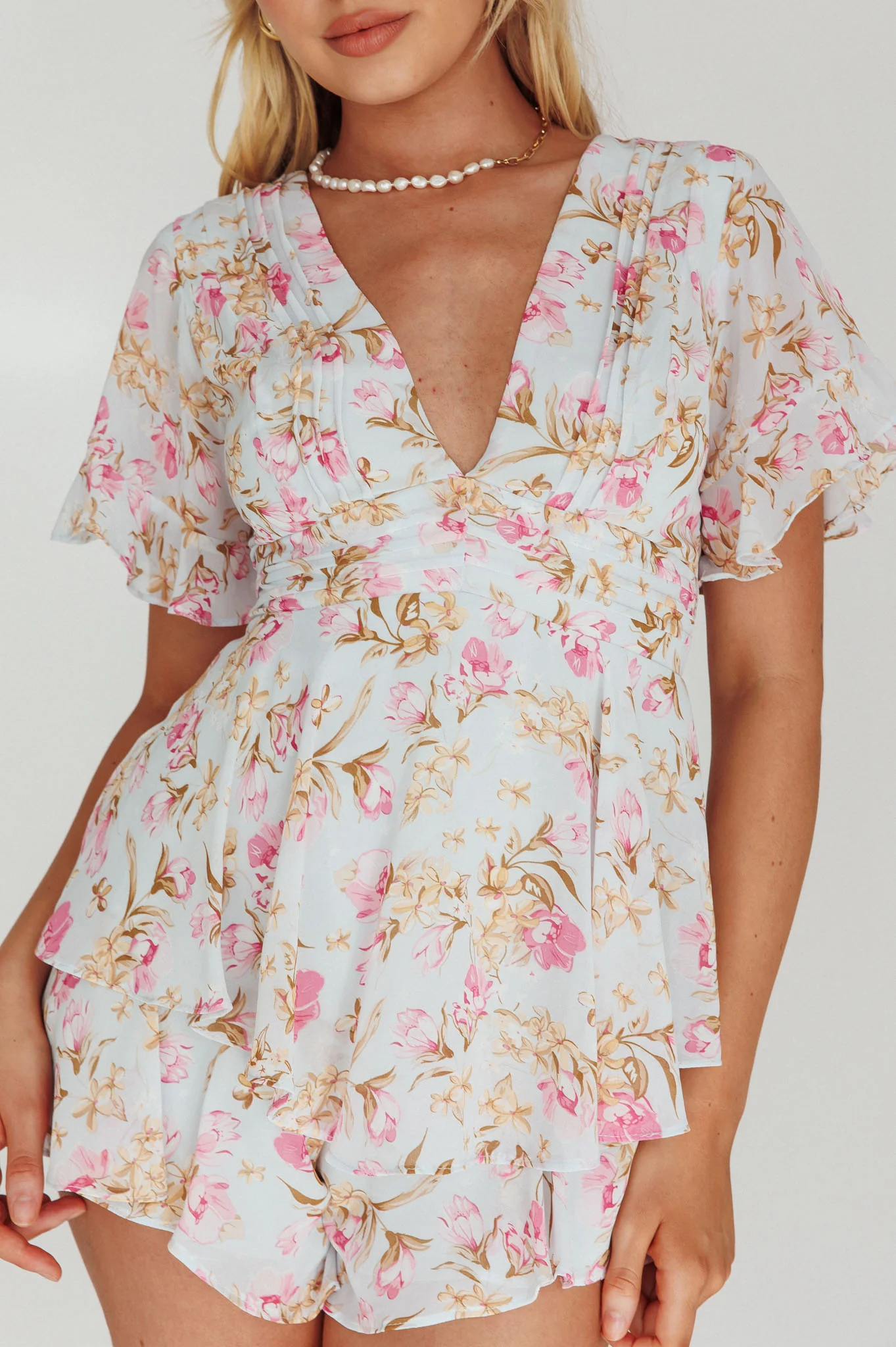 Golden Light Pintuck Pleat Romper Floral Blue - Image 4