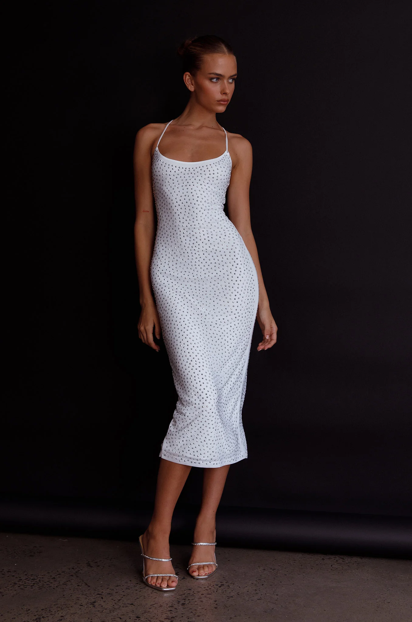 Goodnight Kiss Strappy Back Embellished Midi Dress Ivory - Image 8