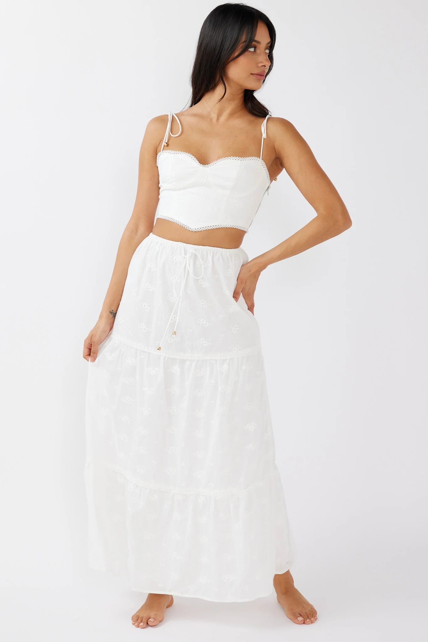 Gracelyn Tied Shoulder Embroidery Crop Top White - Image 3
