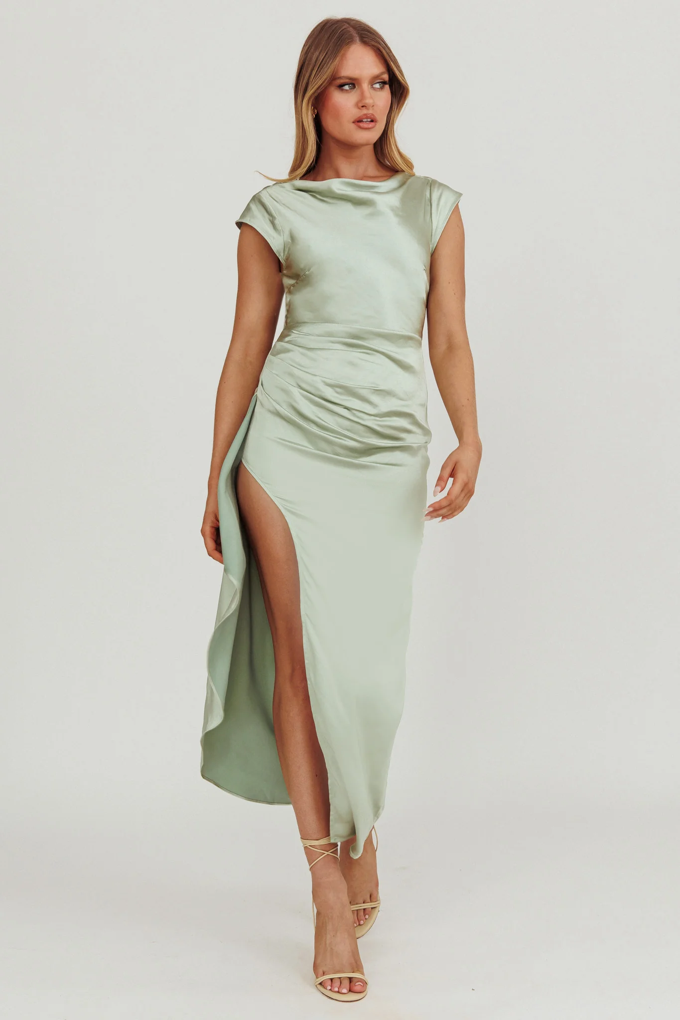Grecian Cap Sleeve Cowl Back Dress Sage - Image 3
