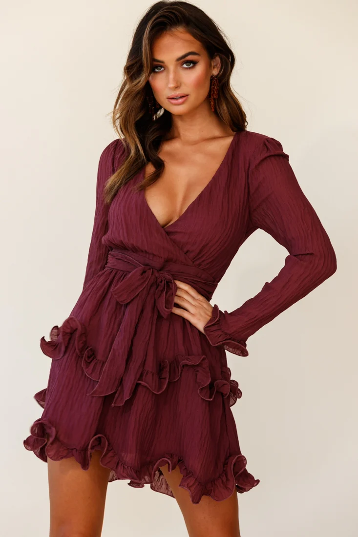 Greta Tiered Ruffle Chiffon Dress Wine - Image 4