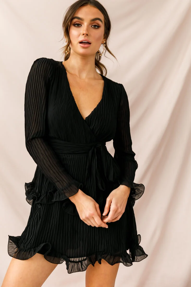 Greta Tiered Ruffle Chiffon Long Sleeve Dress Black - Image 5