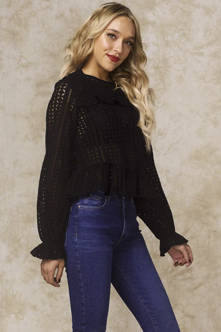 Gwendoline Mesh Long Sleeved Ruffled Shirt Black - Image 3