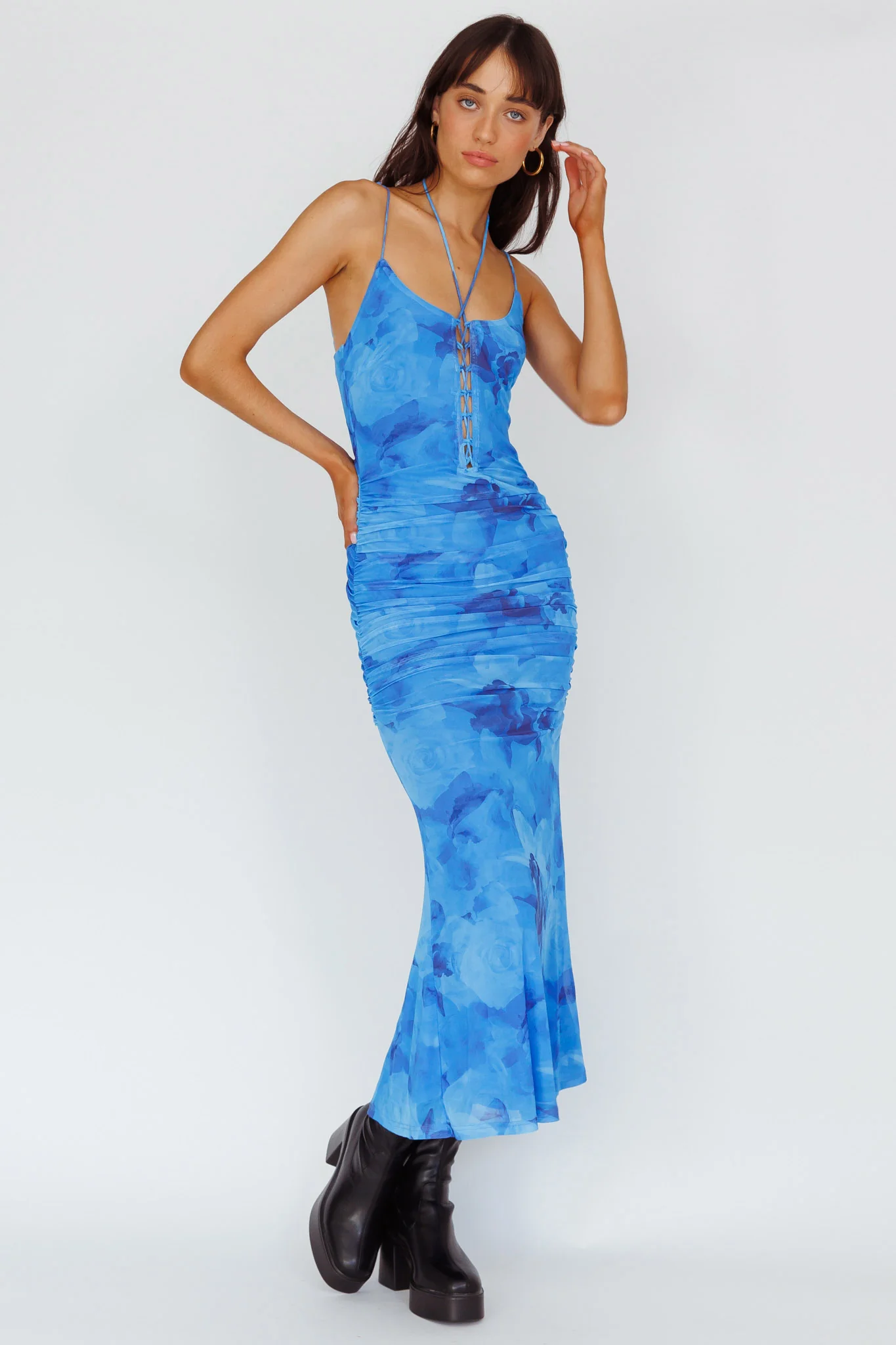 Gypsy Garden Laced Bodice Ruched Midi Dress Blue - Image 5