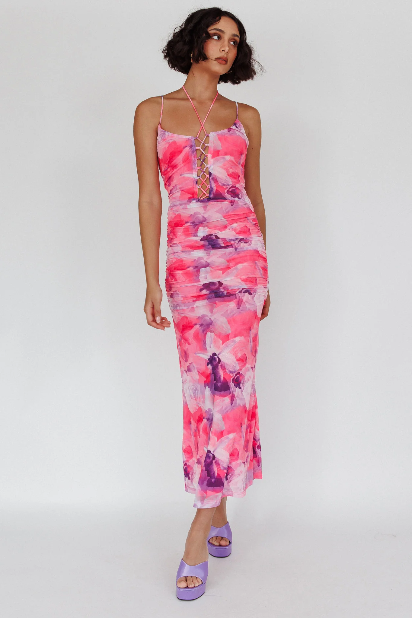 Gypsy Garden Laced Bodice Ruched Midi Dress Pink - Image 5