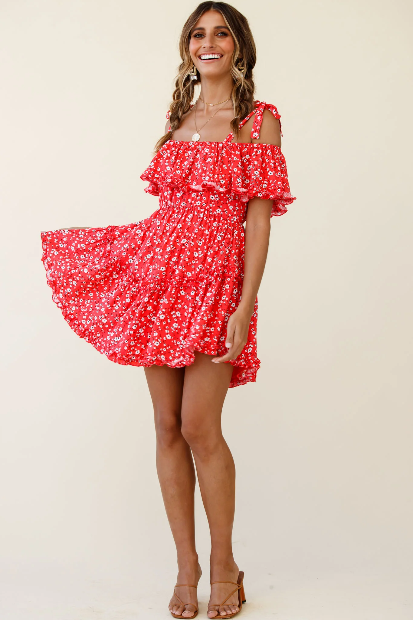 Hacienda Bardot Neckline Frill Dress Floral Print Red - Image 2