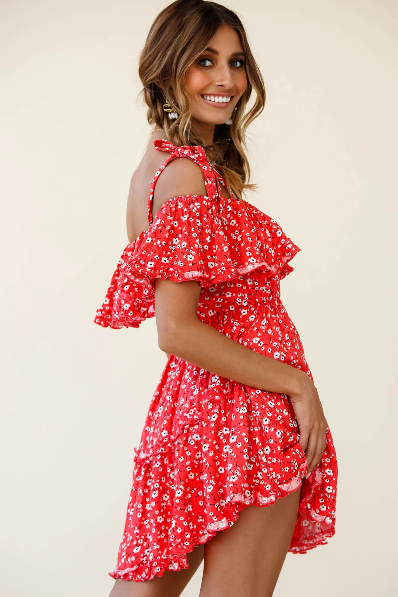 Hacienda Bardot Neckline Frill Dress Floral Print Red - Image 3