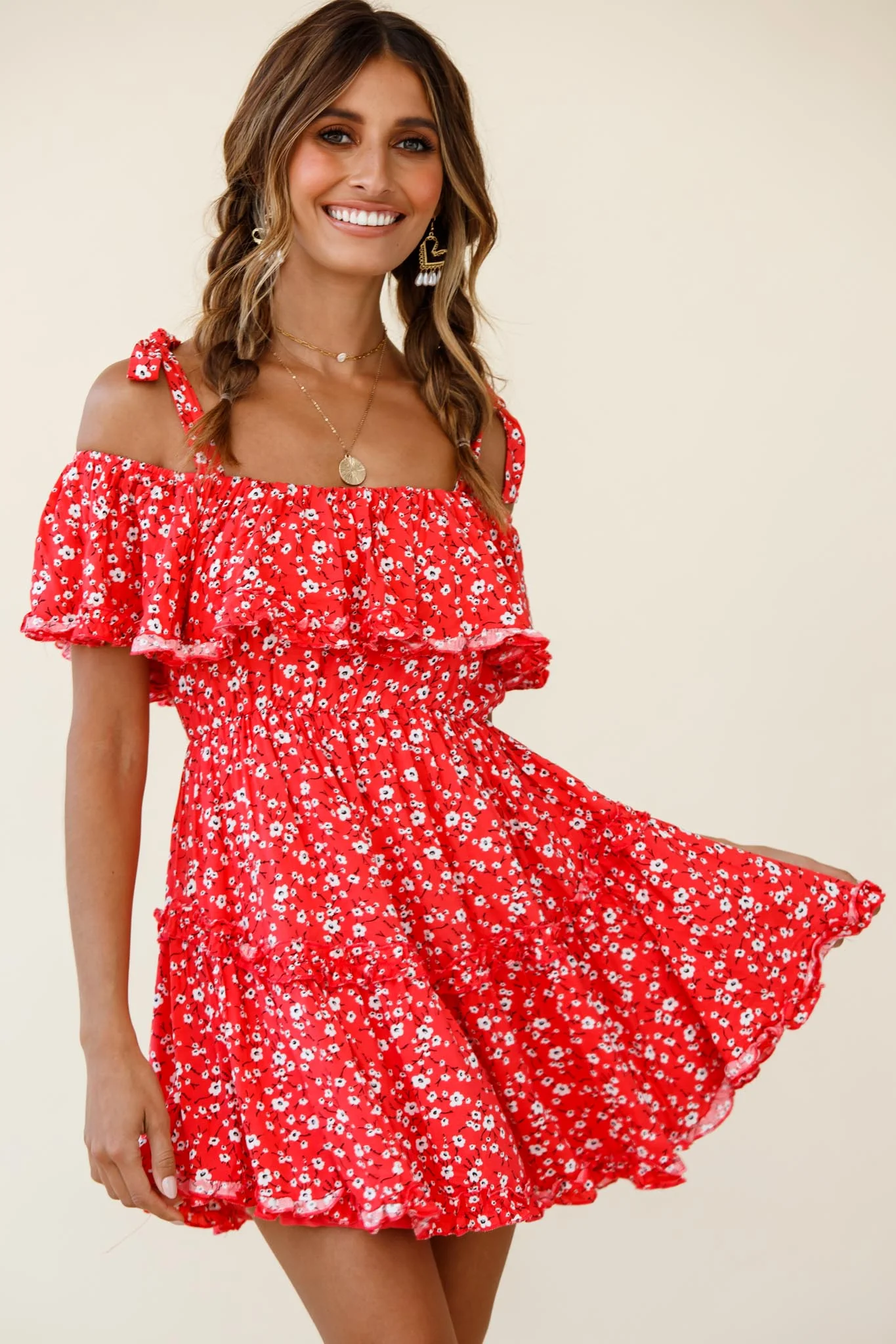 Hacienda Bardot Neckline Frill Dress Floral Print Red - Image 6