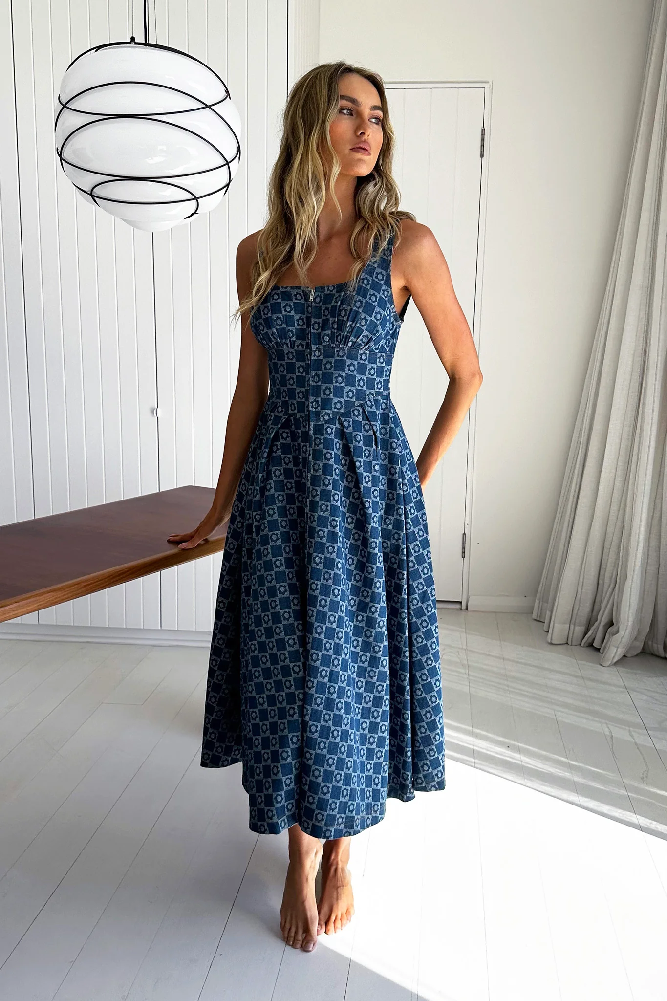 Hair Down Square Neck A-Line Midi Dress Floral Denim - Image 2