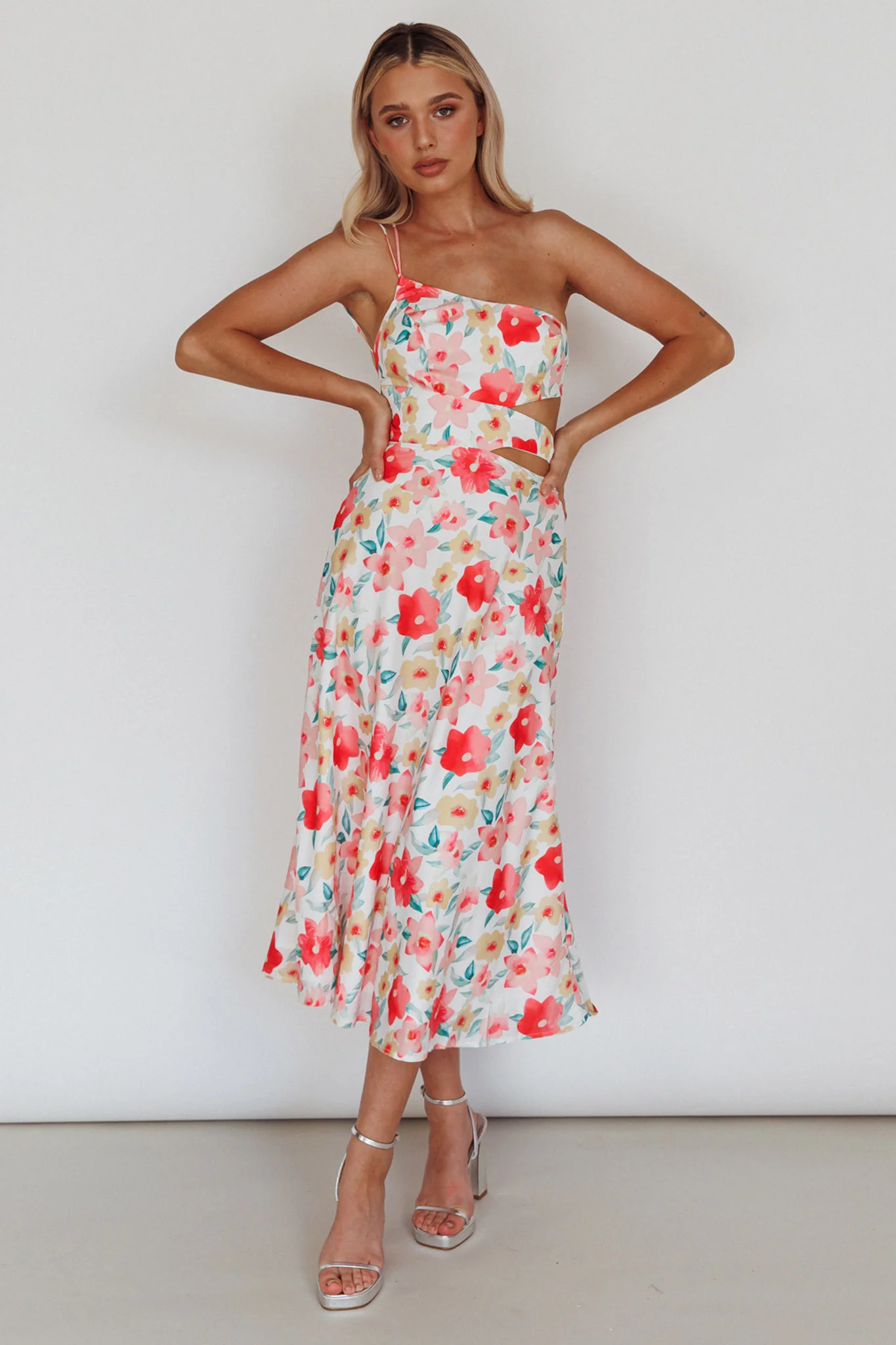 Halia One-Shoulder A-Line Midi Dress Floral Pink - Image 5