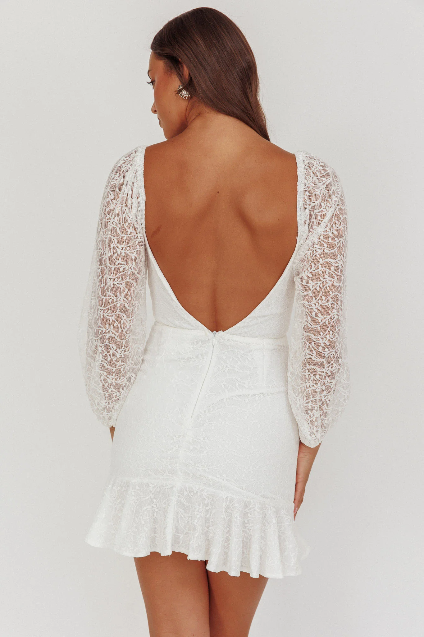 Halley Balloon Sleeve Frill Bust Flounce Hem Lace Dress White - Image 3