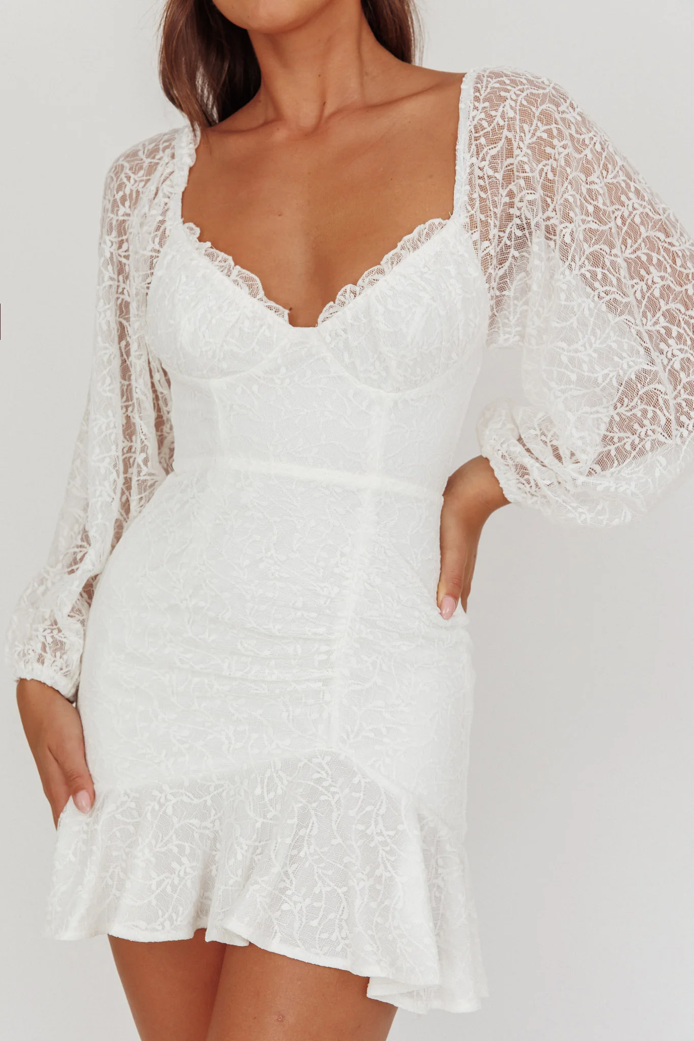 Halley Balloon Sleeve Frill Bust Flounce Hem Lace Dress White - Image 4