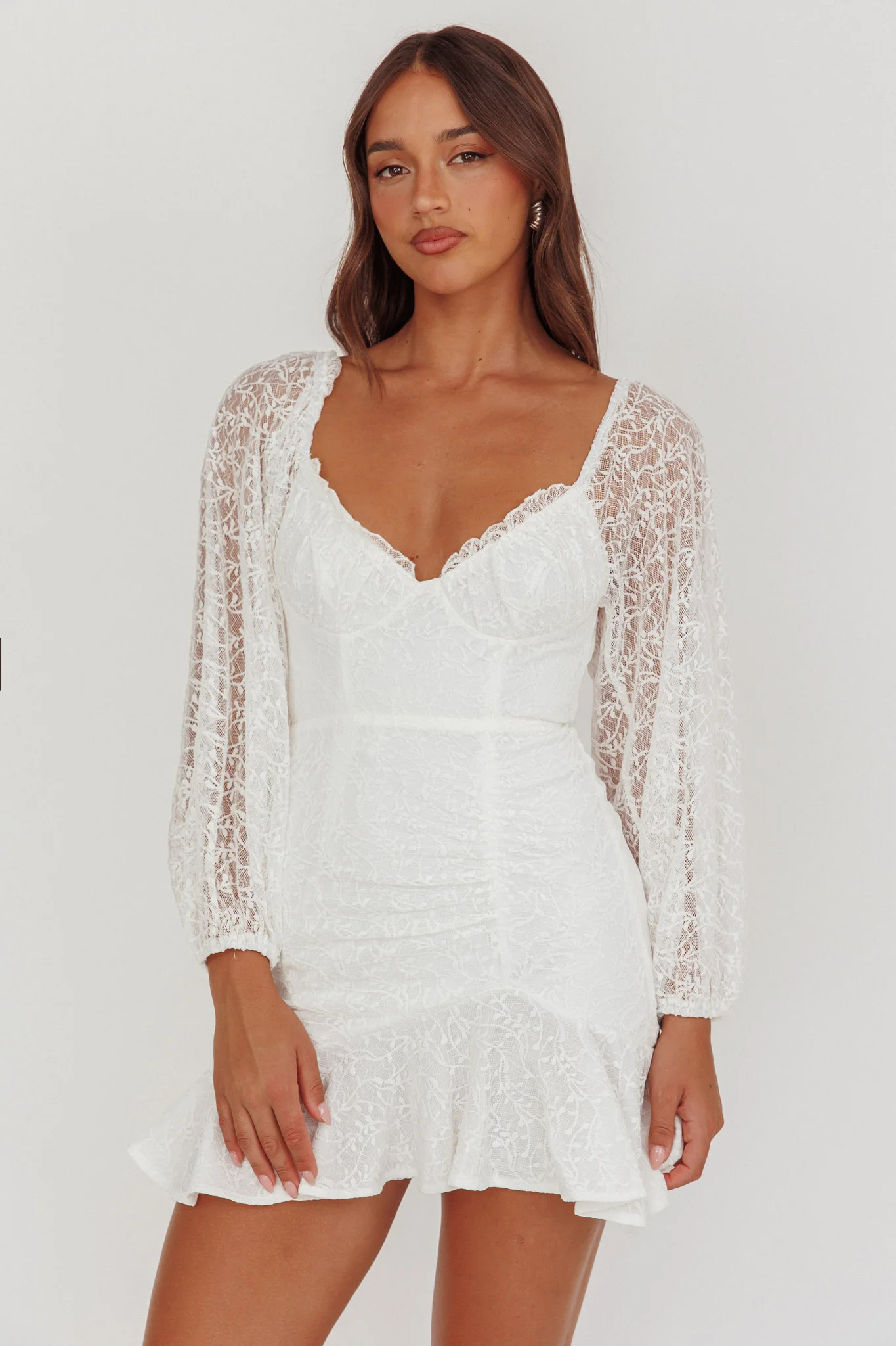 Halley Balloon Sleeve Frill Bust Flounce Hem Lace Dress White - Image 5