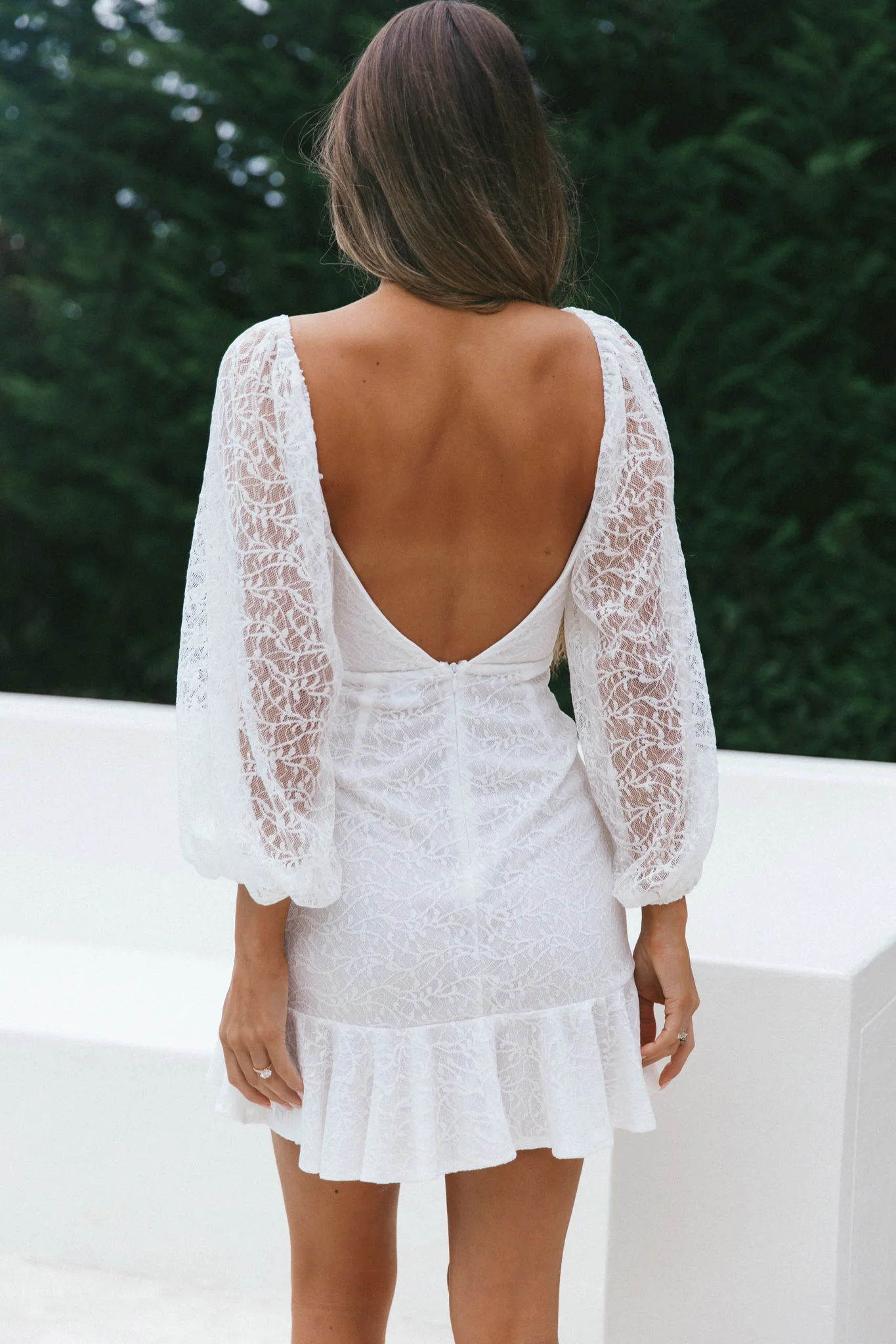 Halley Balloon Sleeve Frill Bust Flounce Hem Lace Dress White - Image 8
