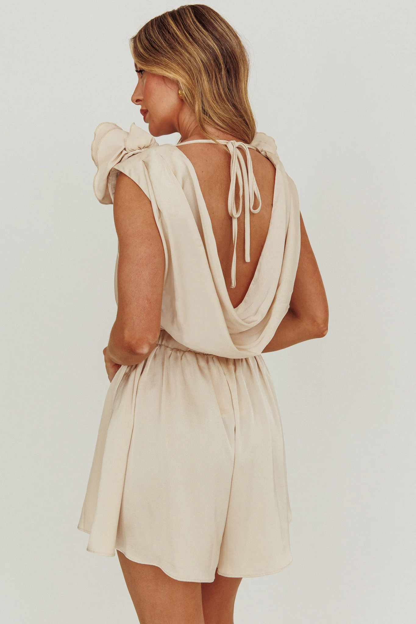 Hallie Cowl Neck Rosette Romper Champagne - Image 2