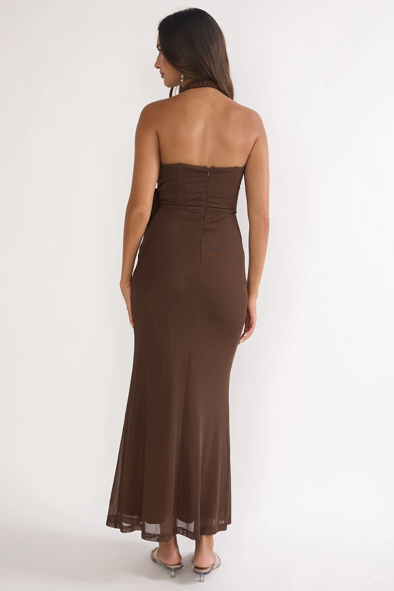 Halo Moon Wrap Front Halter Maxi Dress Chocolate - Image 2