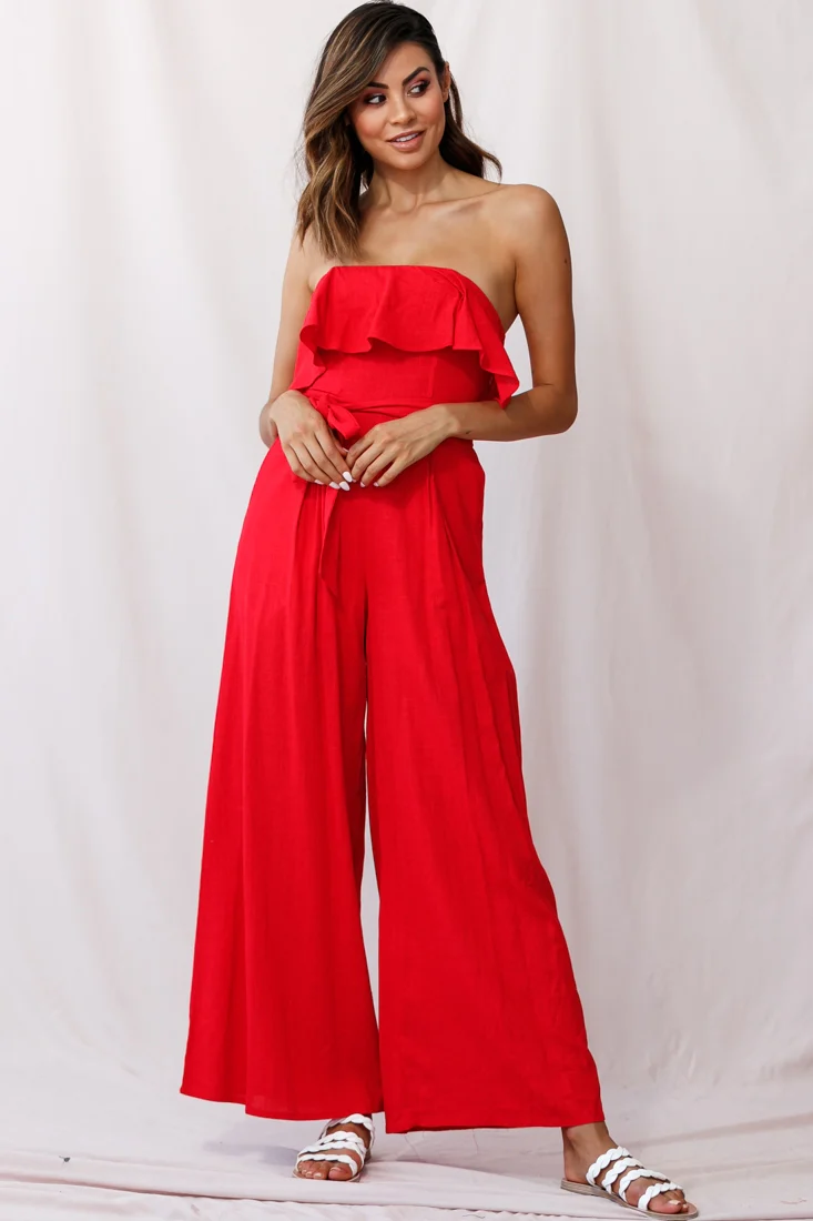 Hamilton Bandeau Ruffle Wide Leg Jumpsuit Red - Image 6