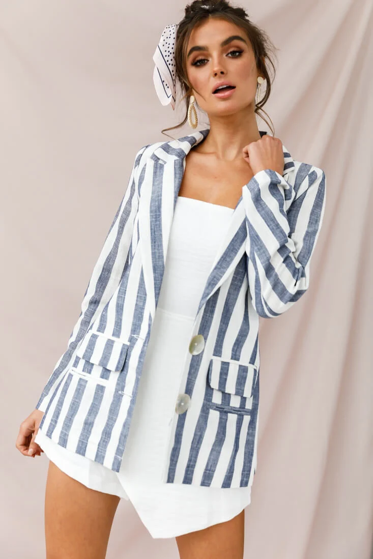 Hamptons Striped Notched Lapel Jacket Blue - Image 5
