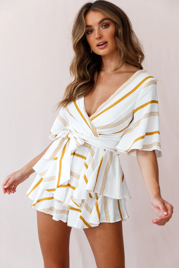 Happy Hour Deep V-Neckline Open Back Romper Stripe Print Mustard - Image 2