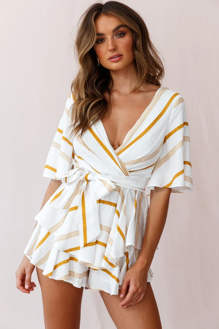 Happy Hour Deep V-Neckline Open Back Romper Stripe Print Mustard - Image 6