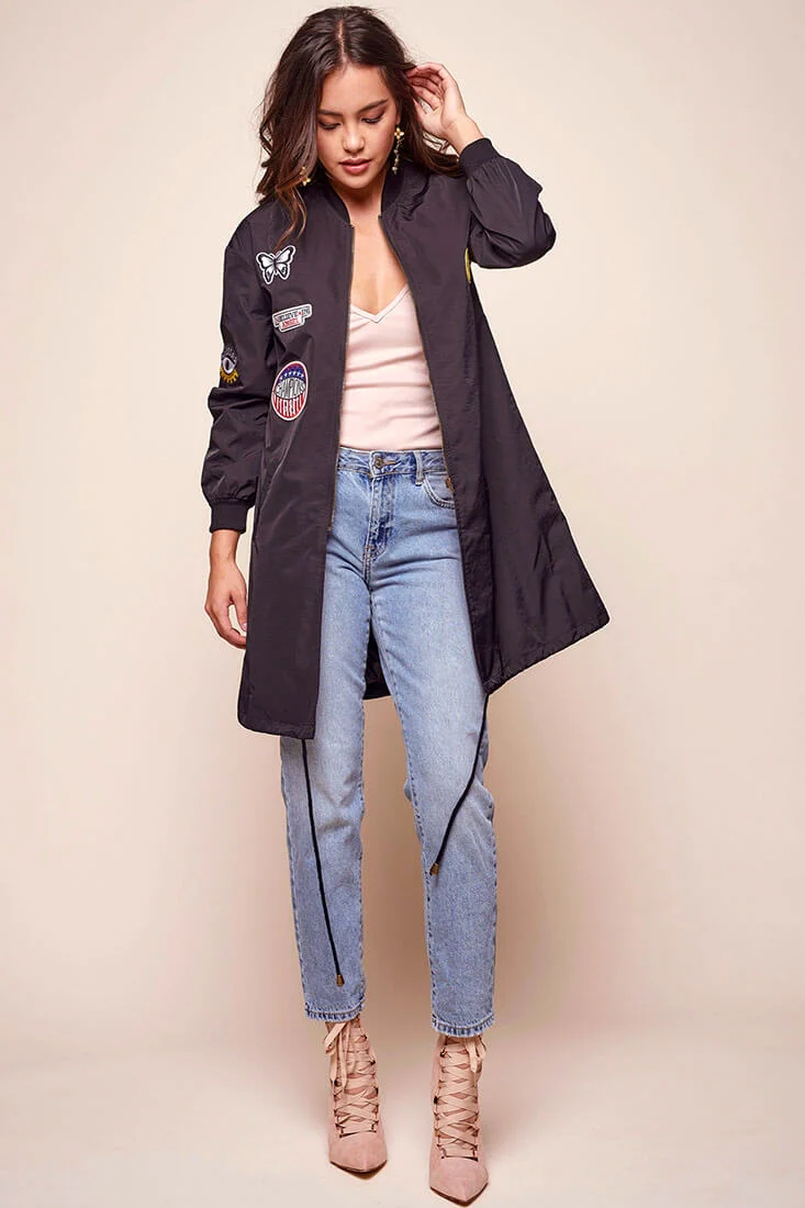 Harlan Long Patchwork Bomber Jacket Black - Image 2