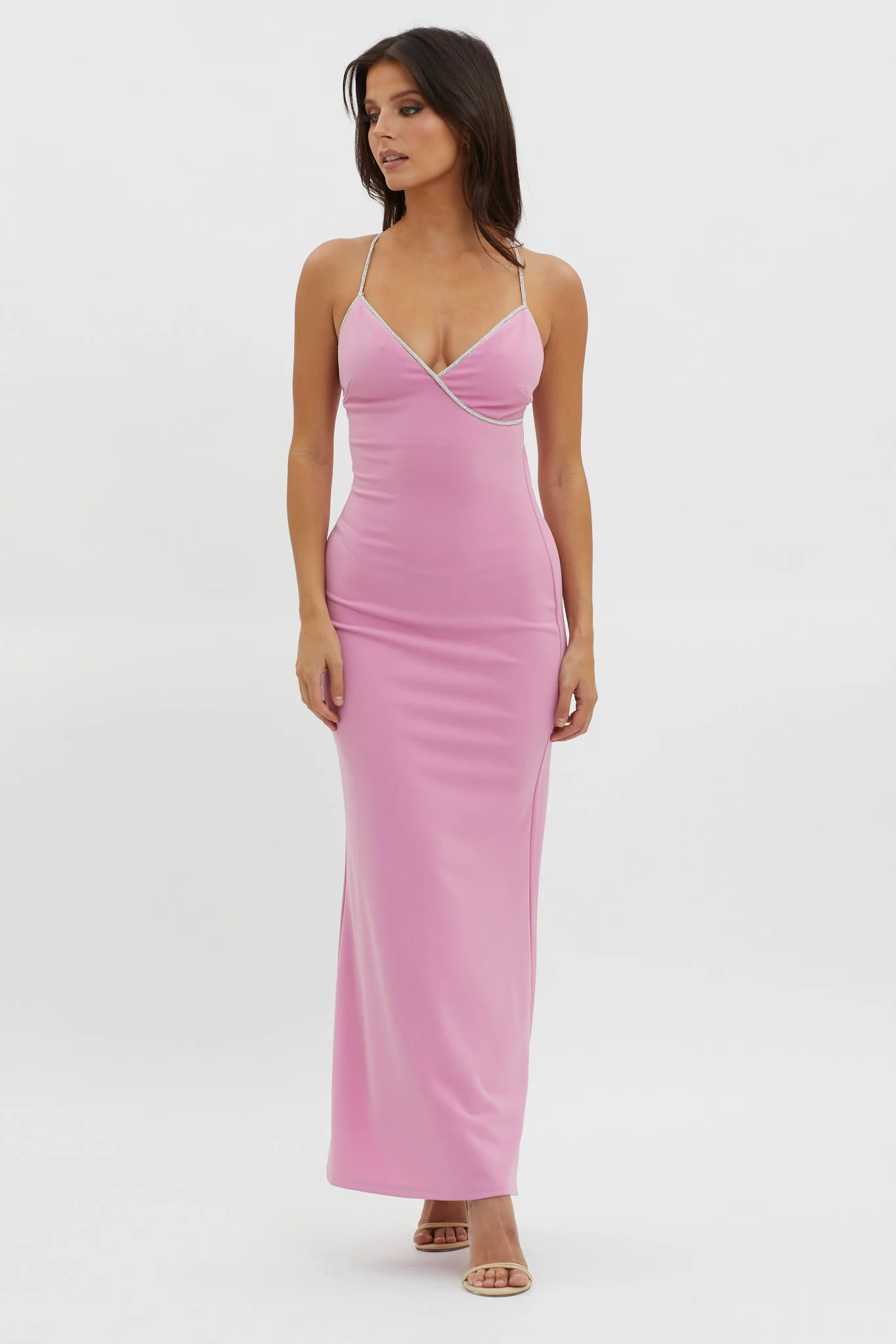 Harleigh Diamante Strap Tied Back Dress Pink - Image 4