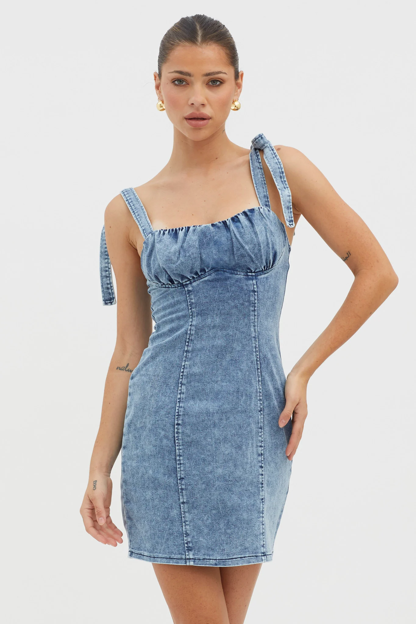 Harrison Tied Shoulder Mini Dress Denim Blue - Image 5