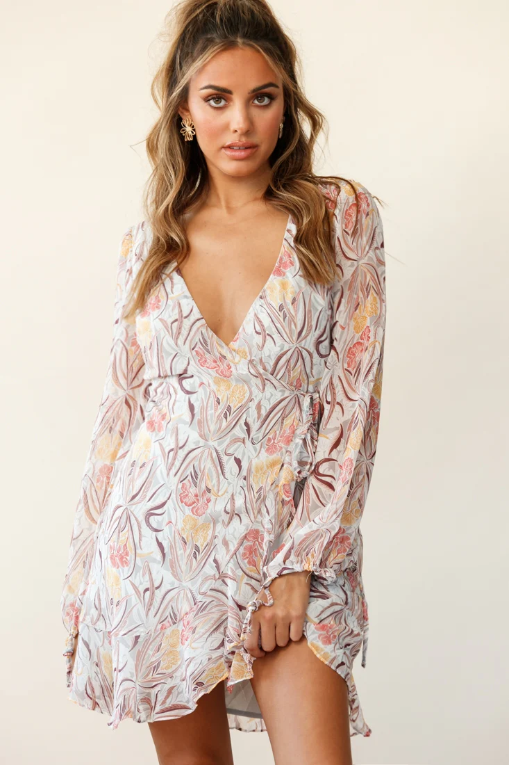 Hartley Balloon Sleeve Wrap Dress Floral Print Grey - Image 6