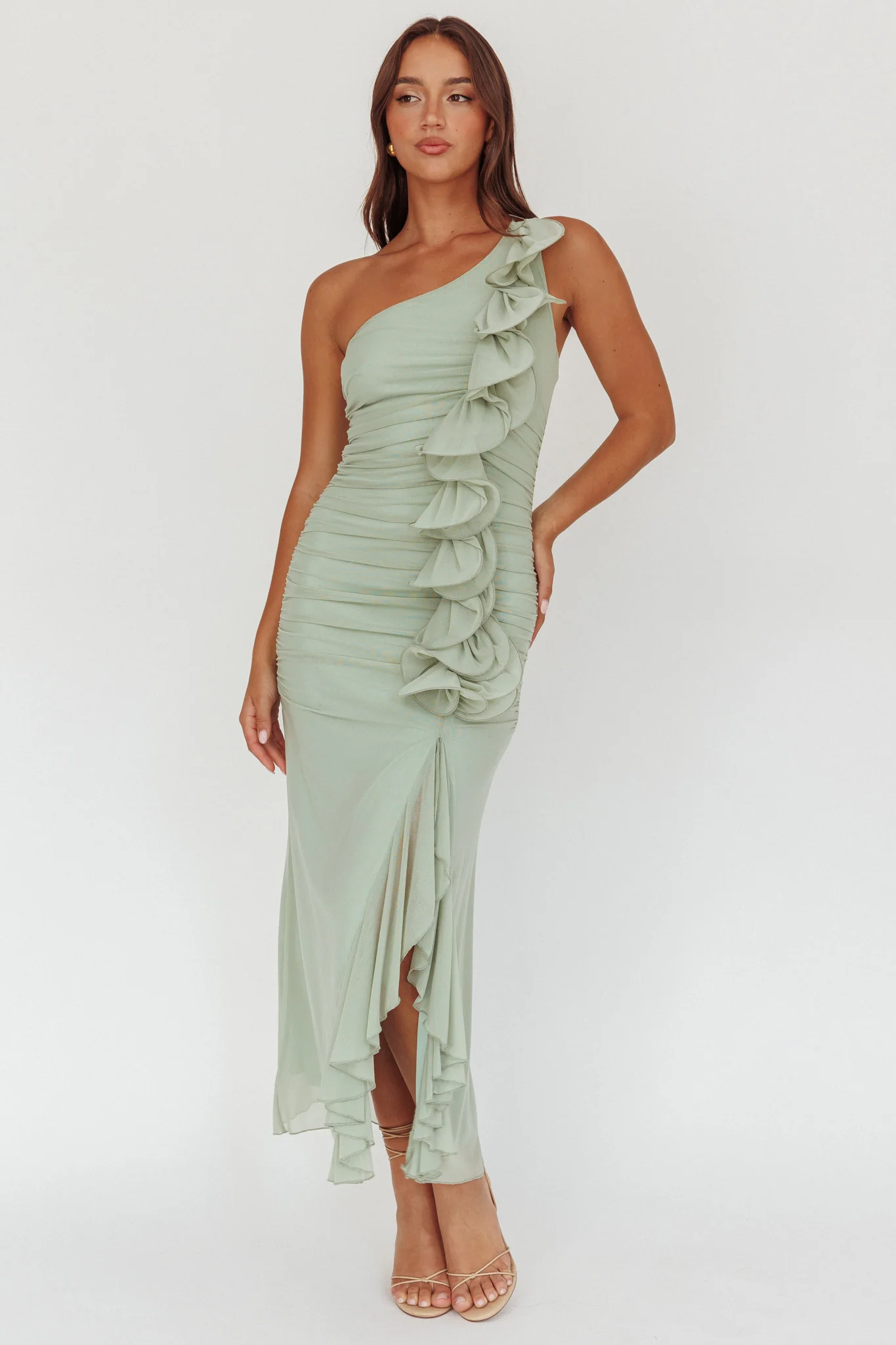 Haven One-Shoulder Ruffle Accent Maxi Dress Sage - Image 5