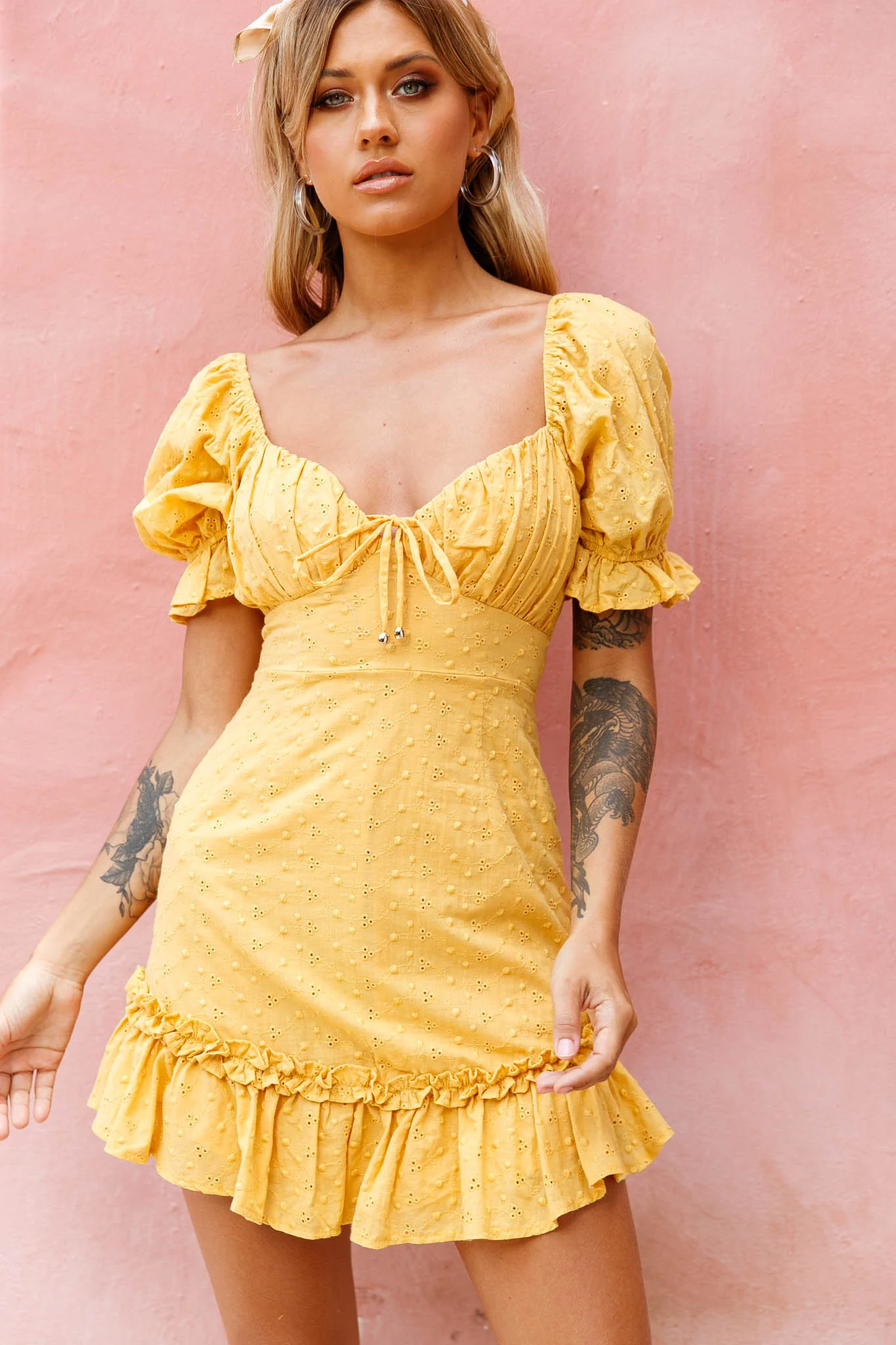 Hayden Puff Sleeve Eyelet Embroidery Dress Yellow - Image 4