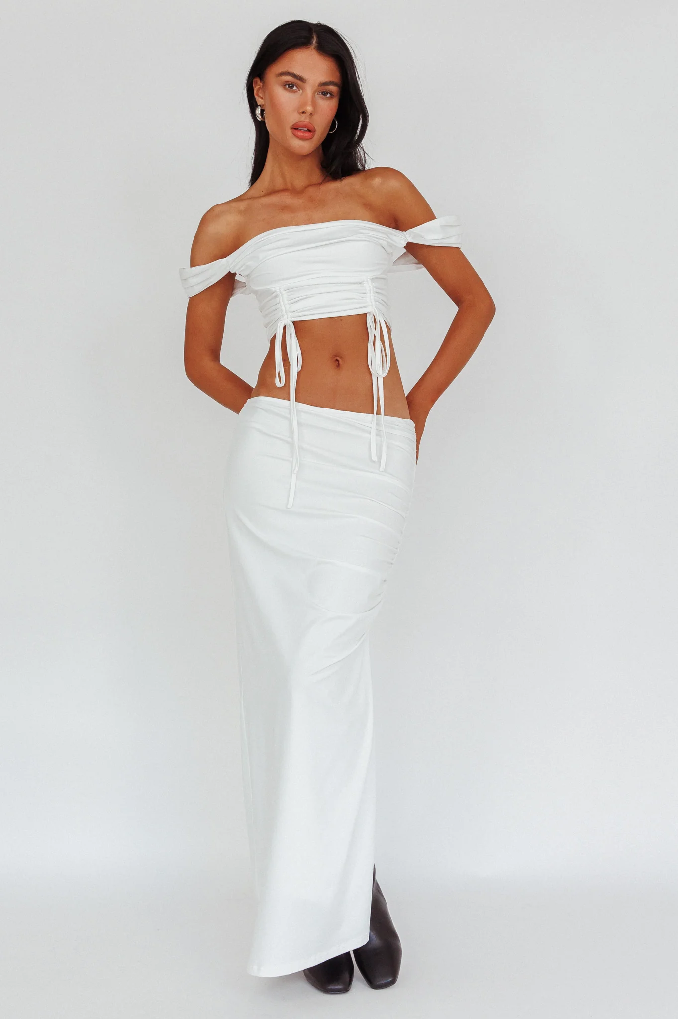 Headliner Drawstring Ruched Crop Top White - Image 3