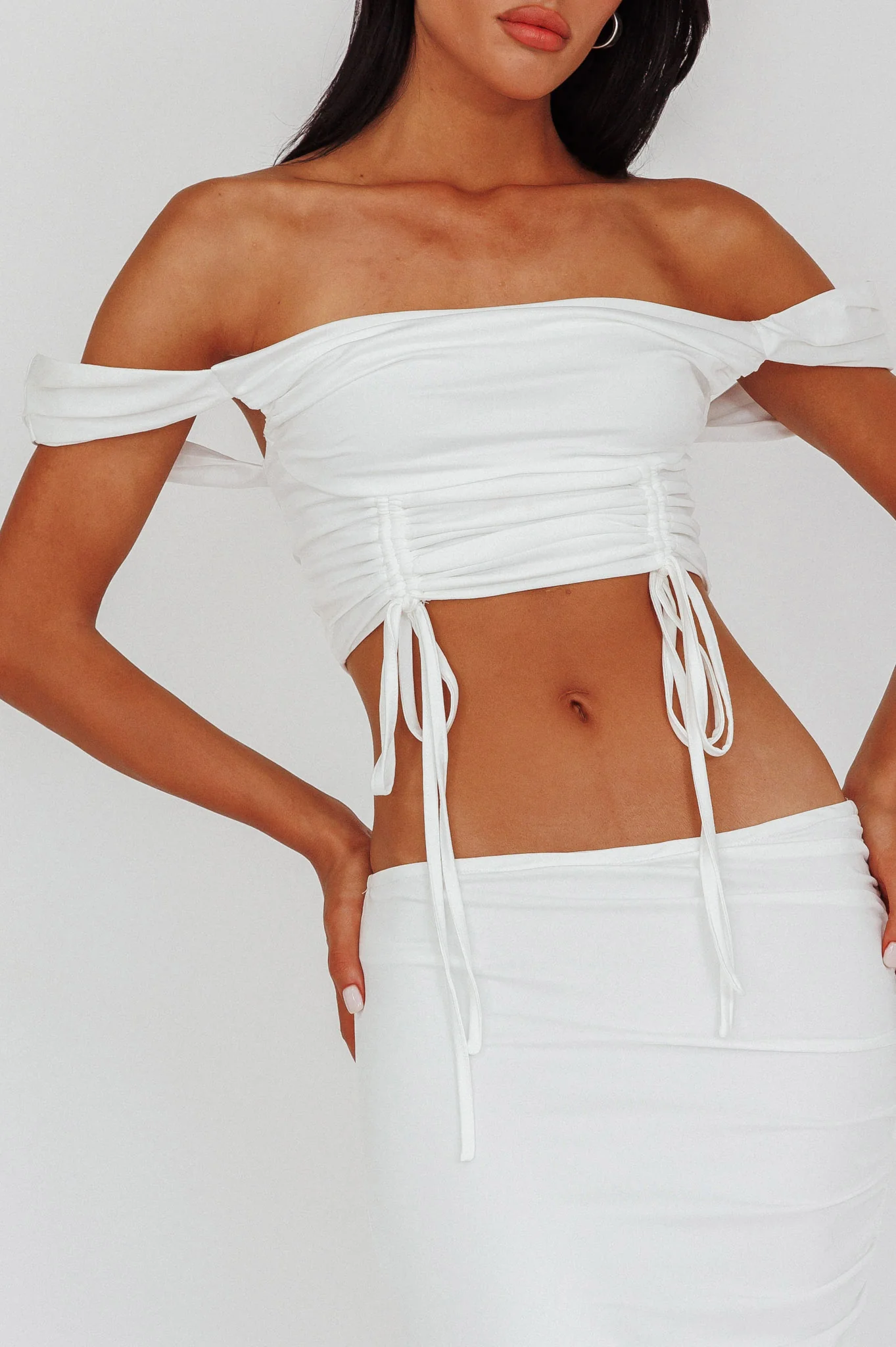 Headliner Drawstring Ruched Crop Top White - Image 4