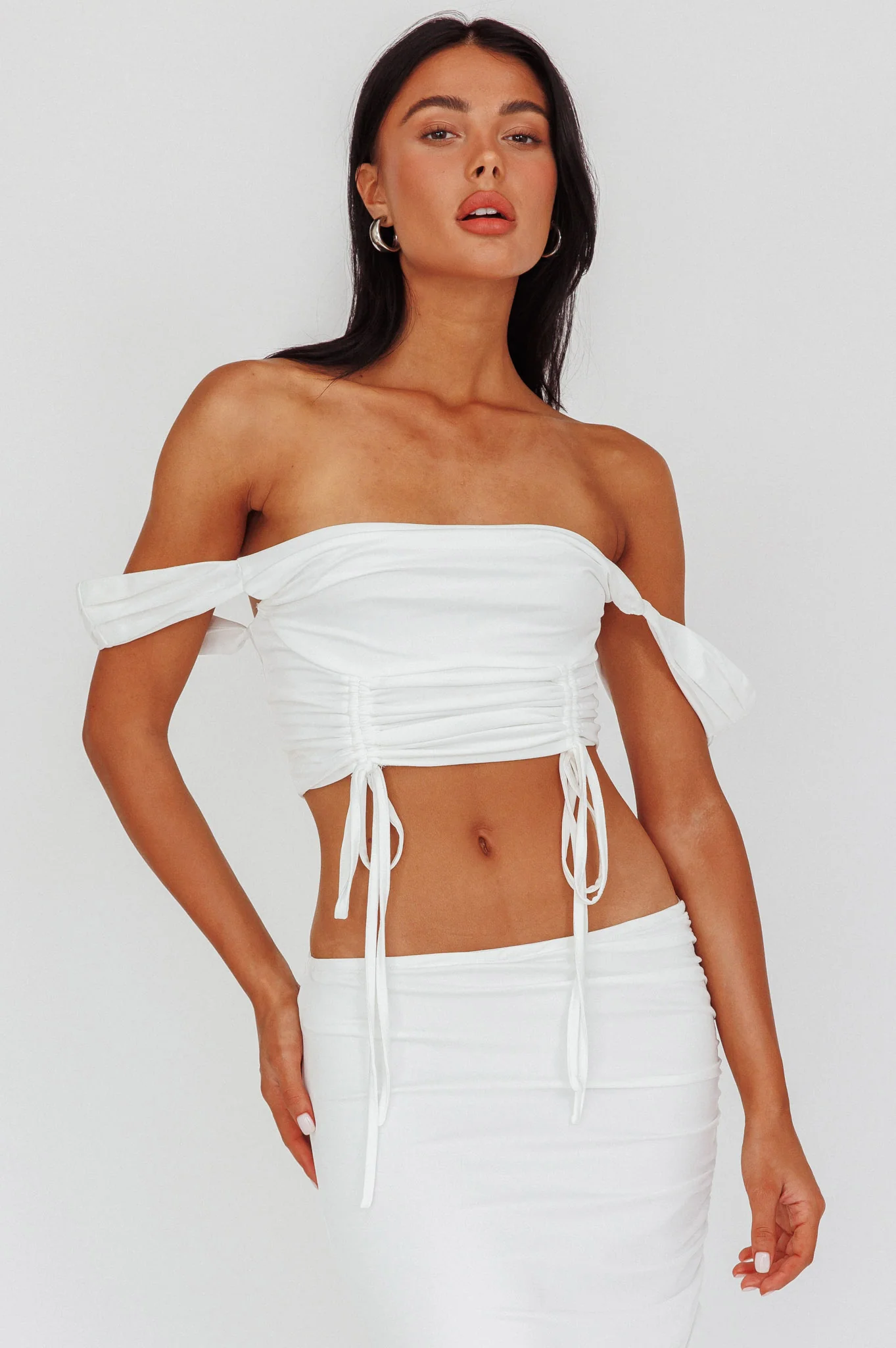 Headliner Drawstring Ruched Crop Top White - Image 5