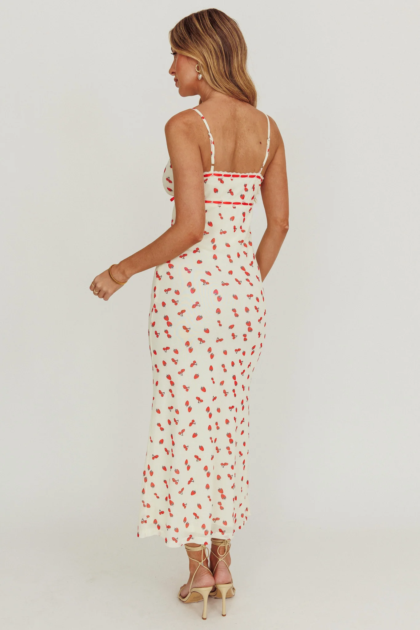 Heart Ablaze Strawberry Cherry Print Midi Dress Cream - Image 3