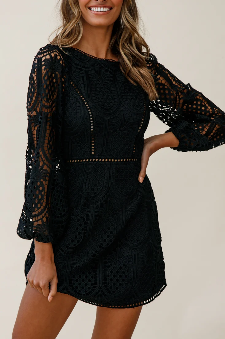 Heart Crochet Overlay Balloon Sleeve Dress Black - Image 4