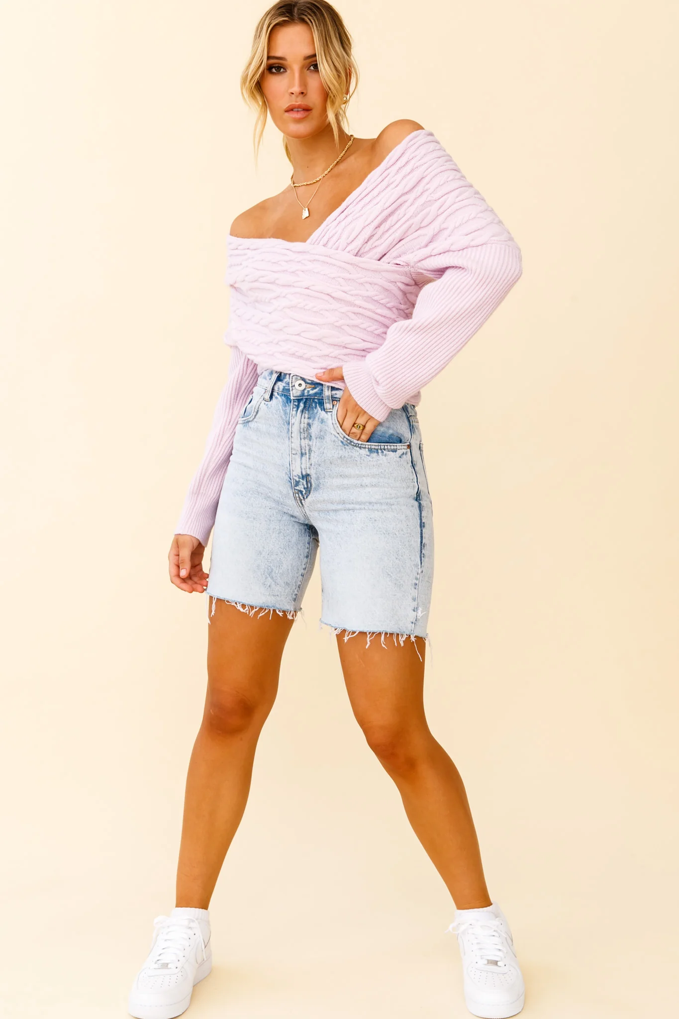 Heartstopper Off-Shoulder Wrap Knit Top Lilac - Image 8