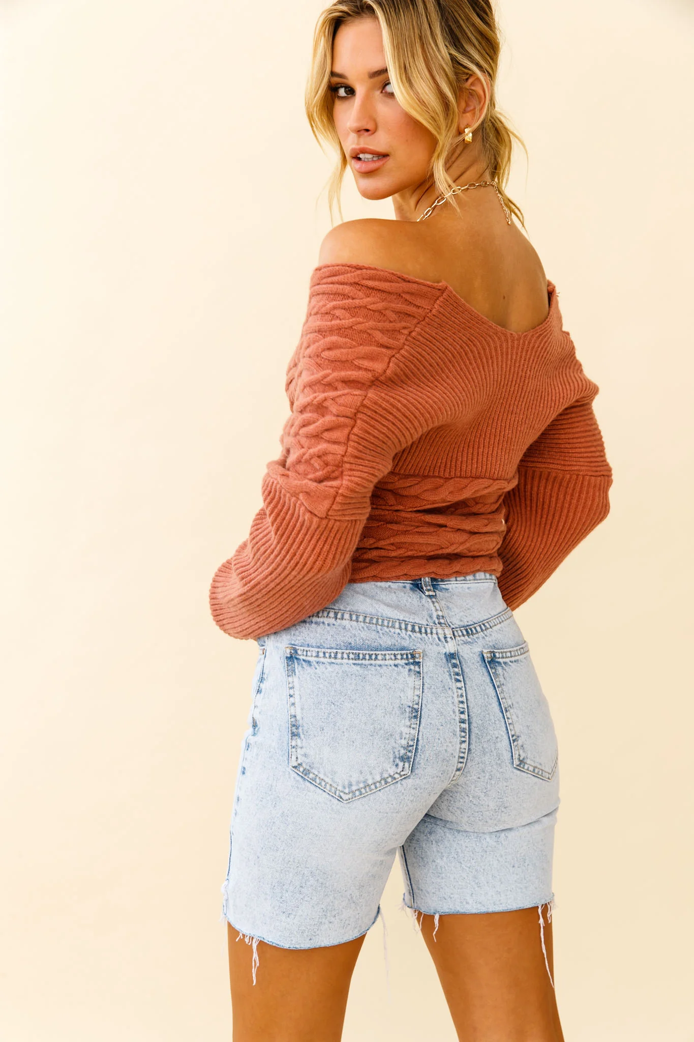 Heartstopper Off-Shoulder Wrap Knit Top Rose - Image 7