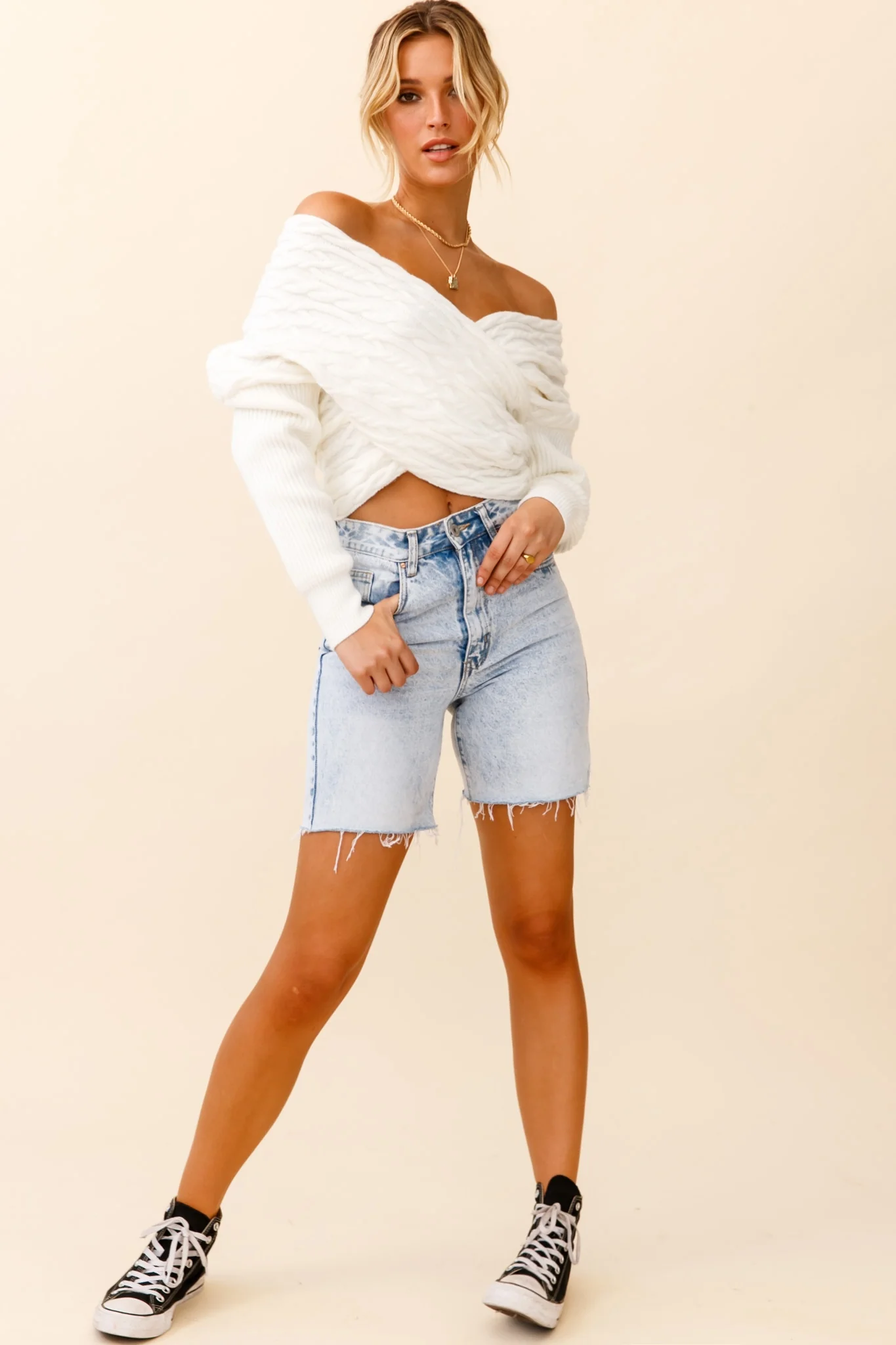 Heartstopper Off-Shoulder Wrap Knit Top White - Image 2