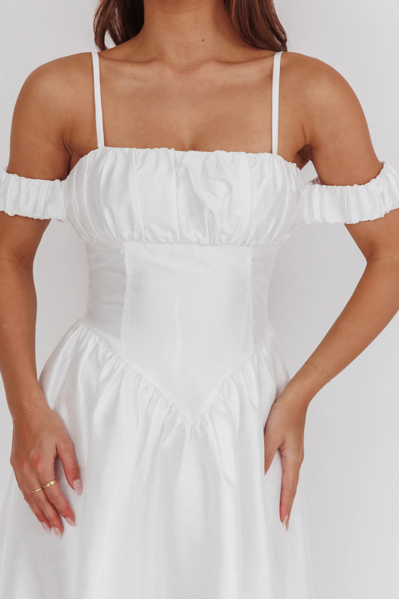 Heavens Above Off-Shoulder Basque Waist Midi Dress Ivory - Image 8