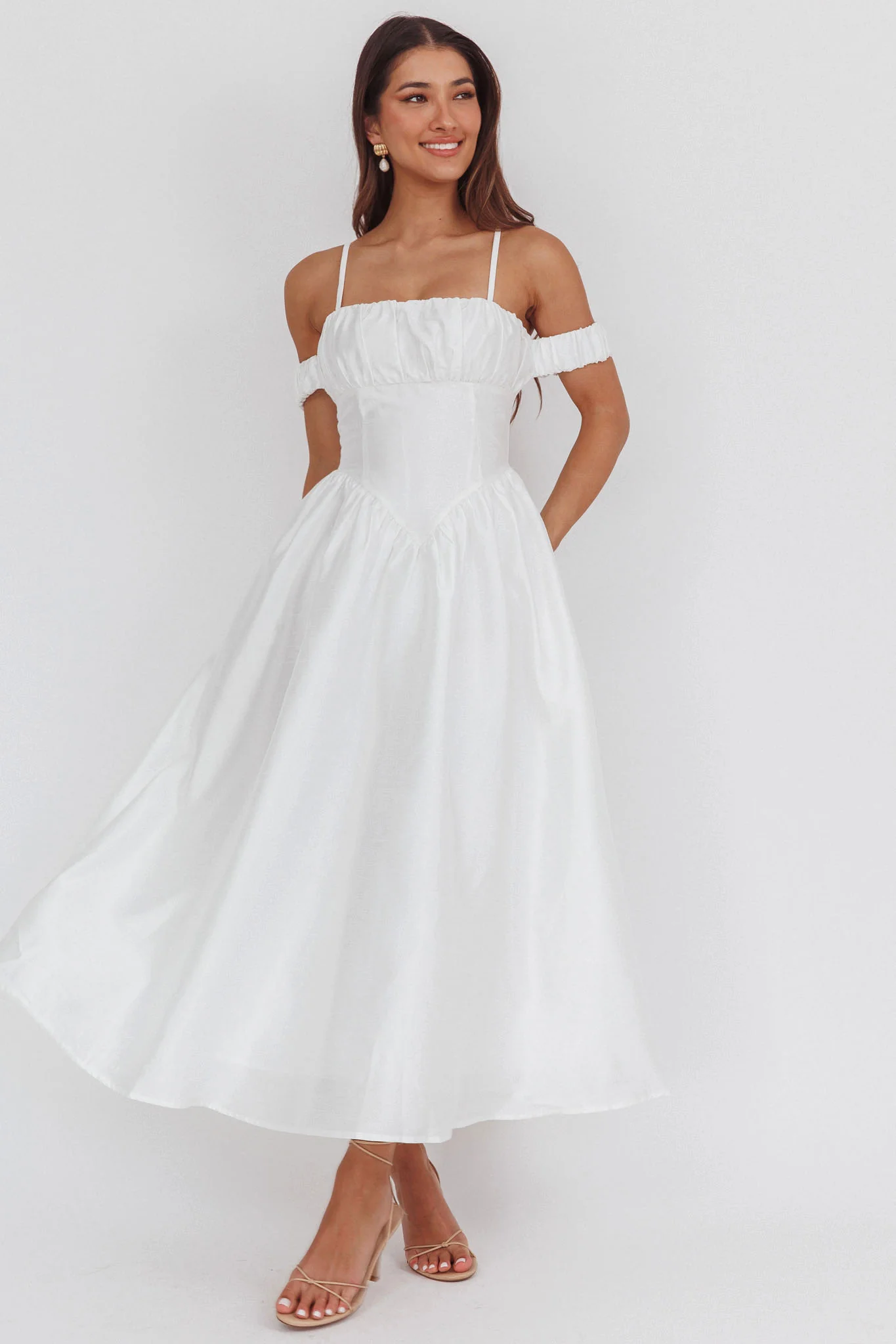 Heavens Above Off-Shoulder Basque Waist Midi Dress Ivory - Image 9