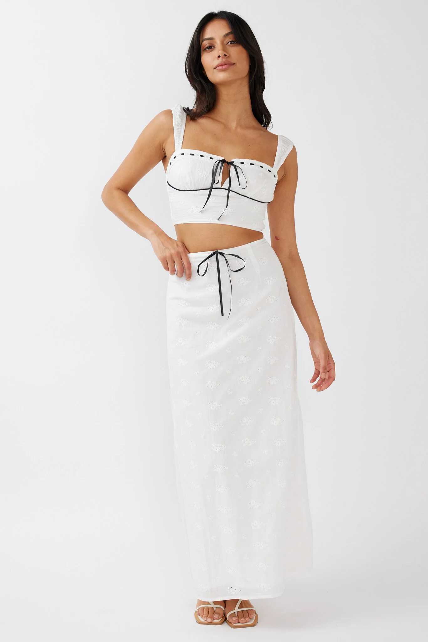 Helga Eyelet Embroidery Bow Maxi Skirt White - Image 6