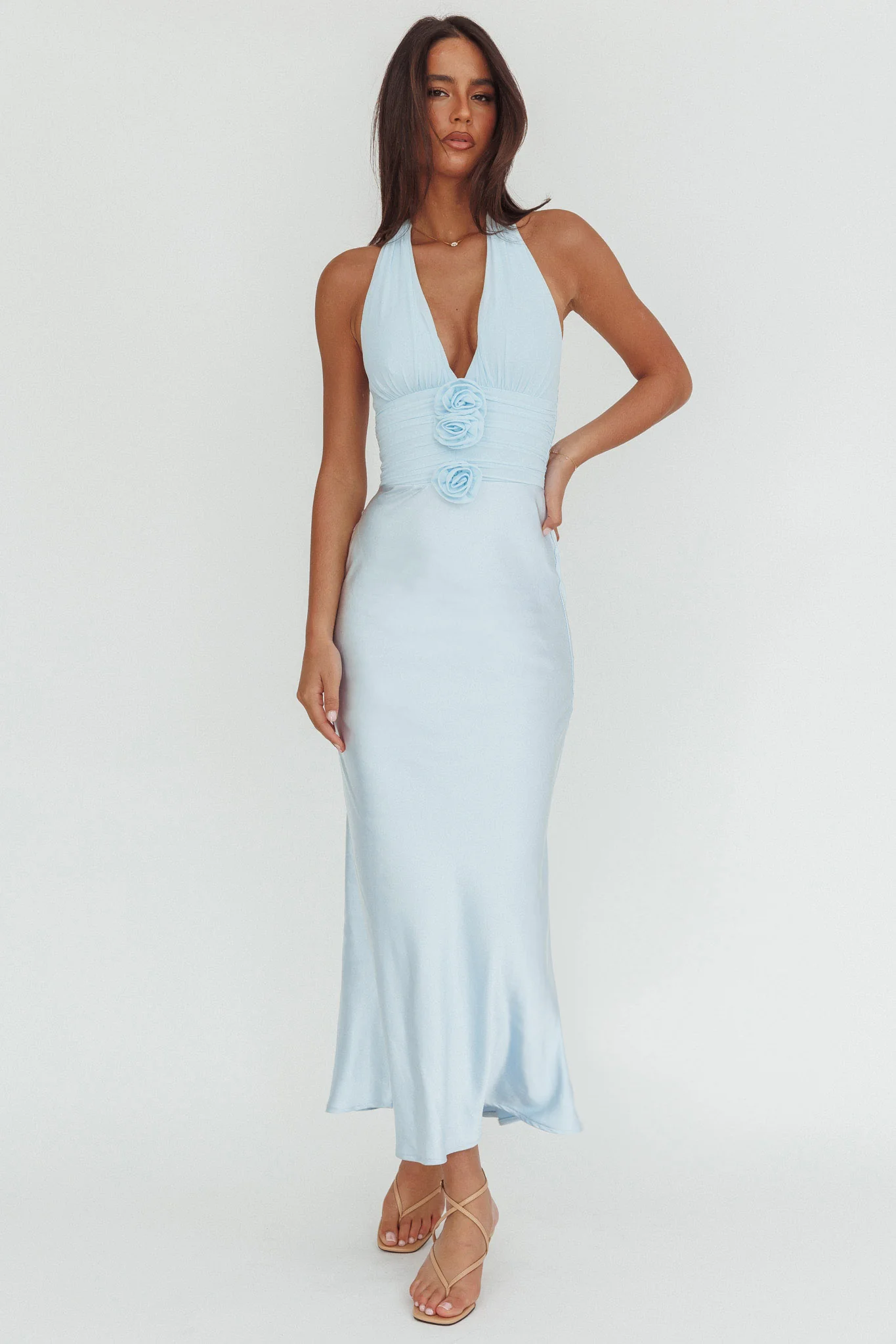 Heliora Halterneck Rosette Bust Maxi Dress Ice Blue - Image 5