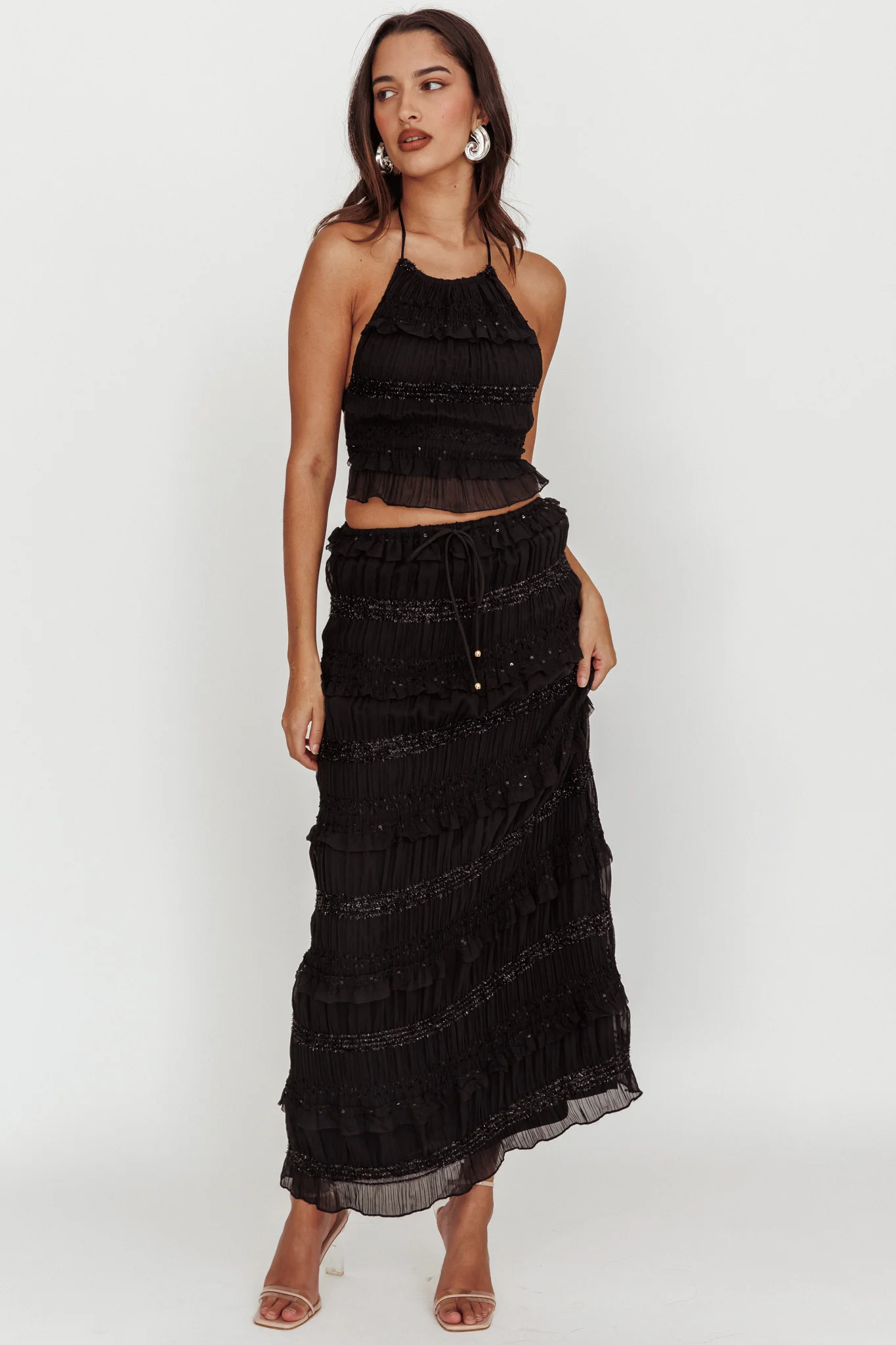 Helios Halterneck Shirred Sequin Top Black - Image 4