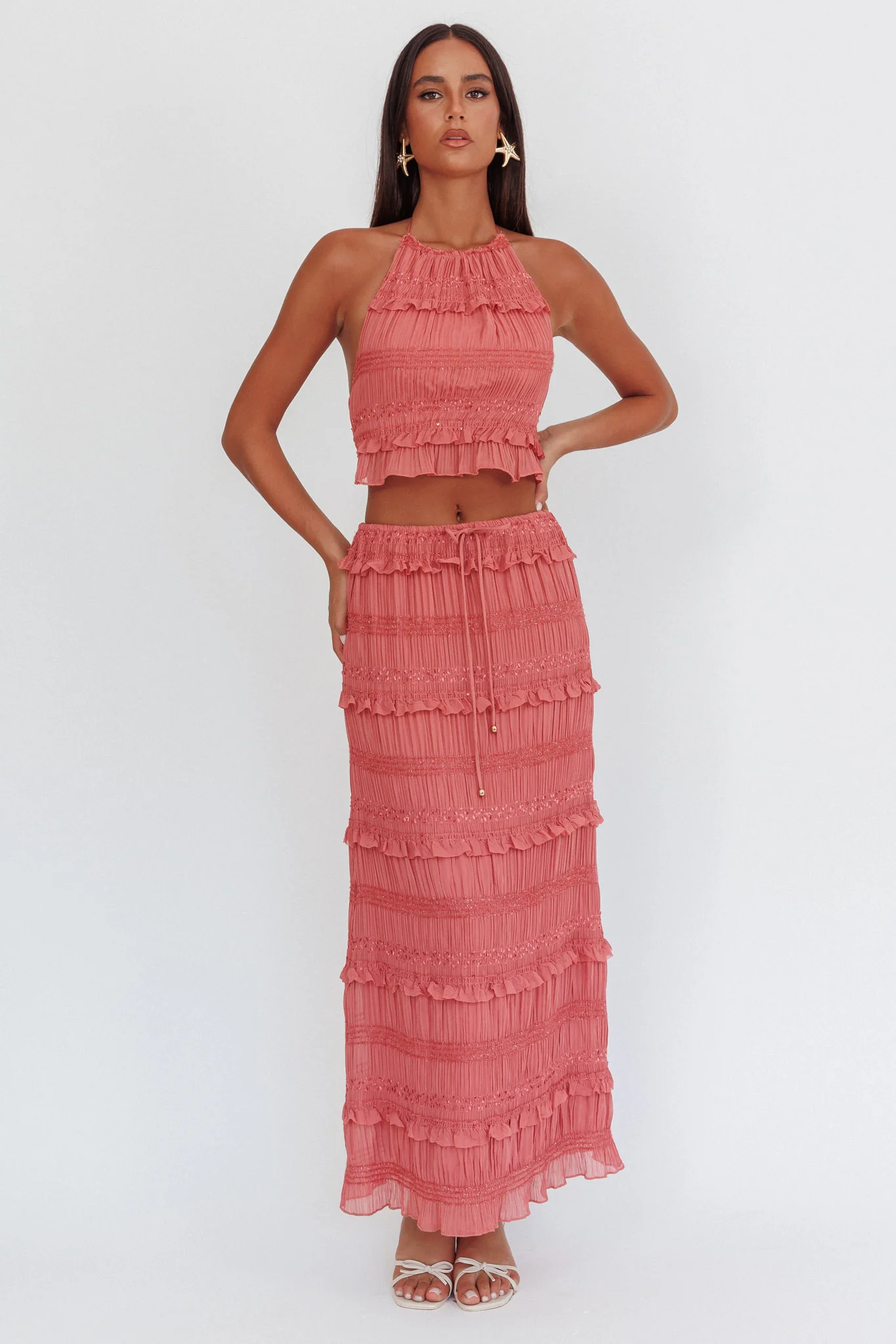 Helios Shirred Sequin Maxi Skirt Rose - Image 2